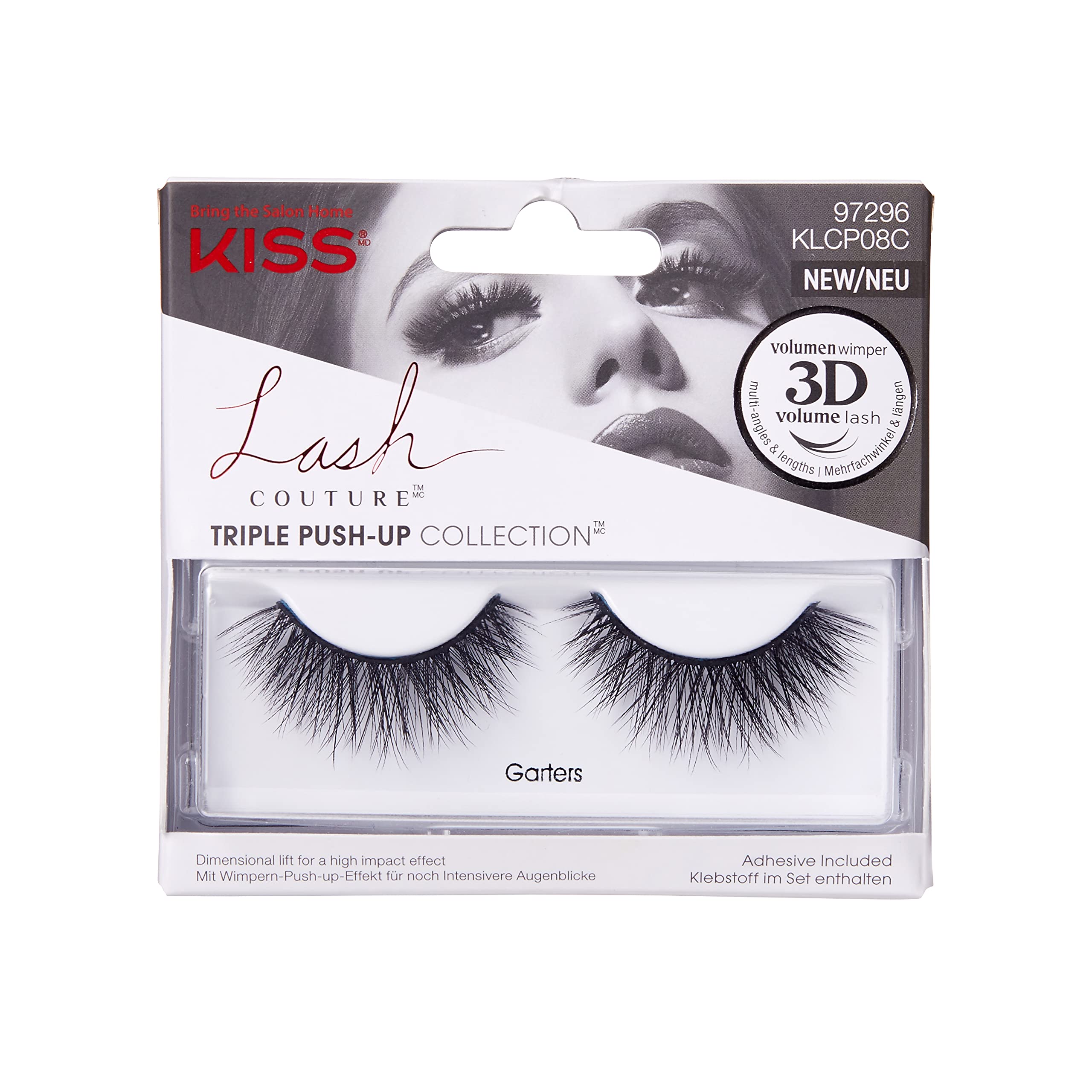 KISS Lash Couture Triple Push Up False Eyelashes - 3D Volume, Cruelty-Free & Reusable Lashes with Lash Glue & Garters - Perfect for Parties, Weddings & Special Occasions