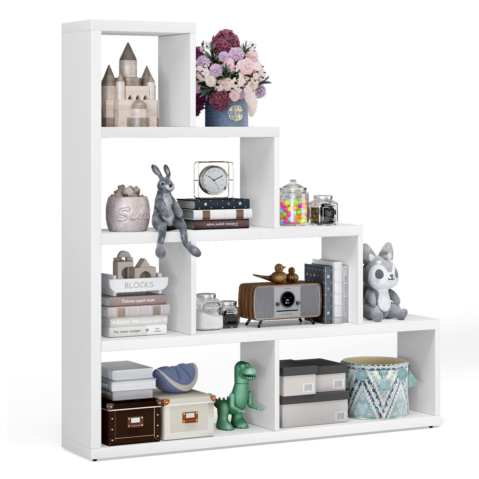 Tangkula 6-Cube Bookshelf - Freestanding L-Shaped Ladder Corner Bookcase, Wooden Storage Display Shelf for Living Room, Home Office, Bedroom - 61 x 11.5 x 64 Inches (White) - Perfect for Organizing Books, Decor & Small Items in Compact Spaces