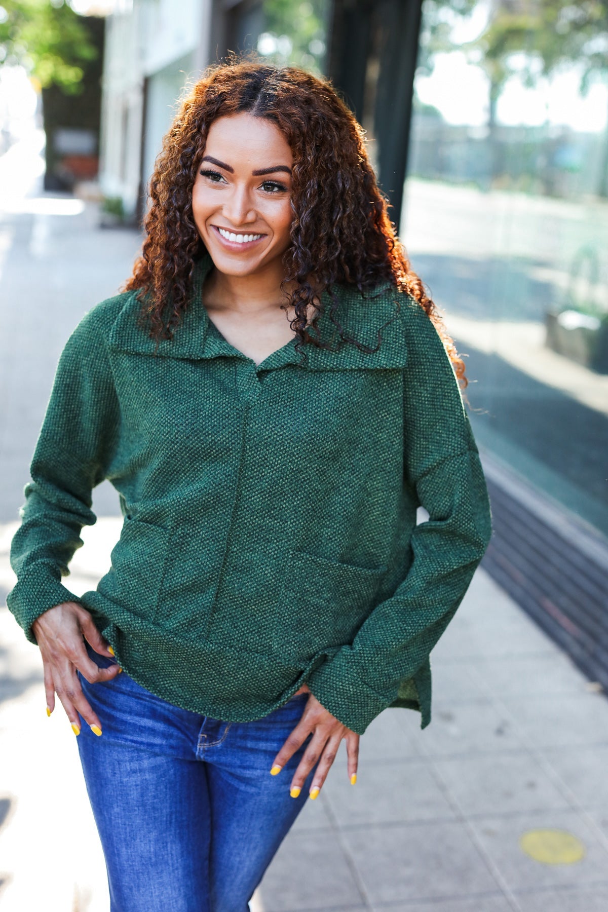 Easy Living Olive Textured Knit Notch Neck Oversized Collar Sweater - Cozy Oversized Women's Pullover for Fall & Winter | Perfect for Casual Outfits, Office Wear and Coffee Dates