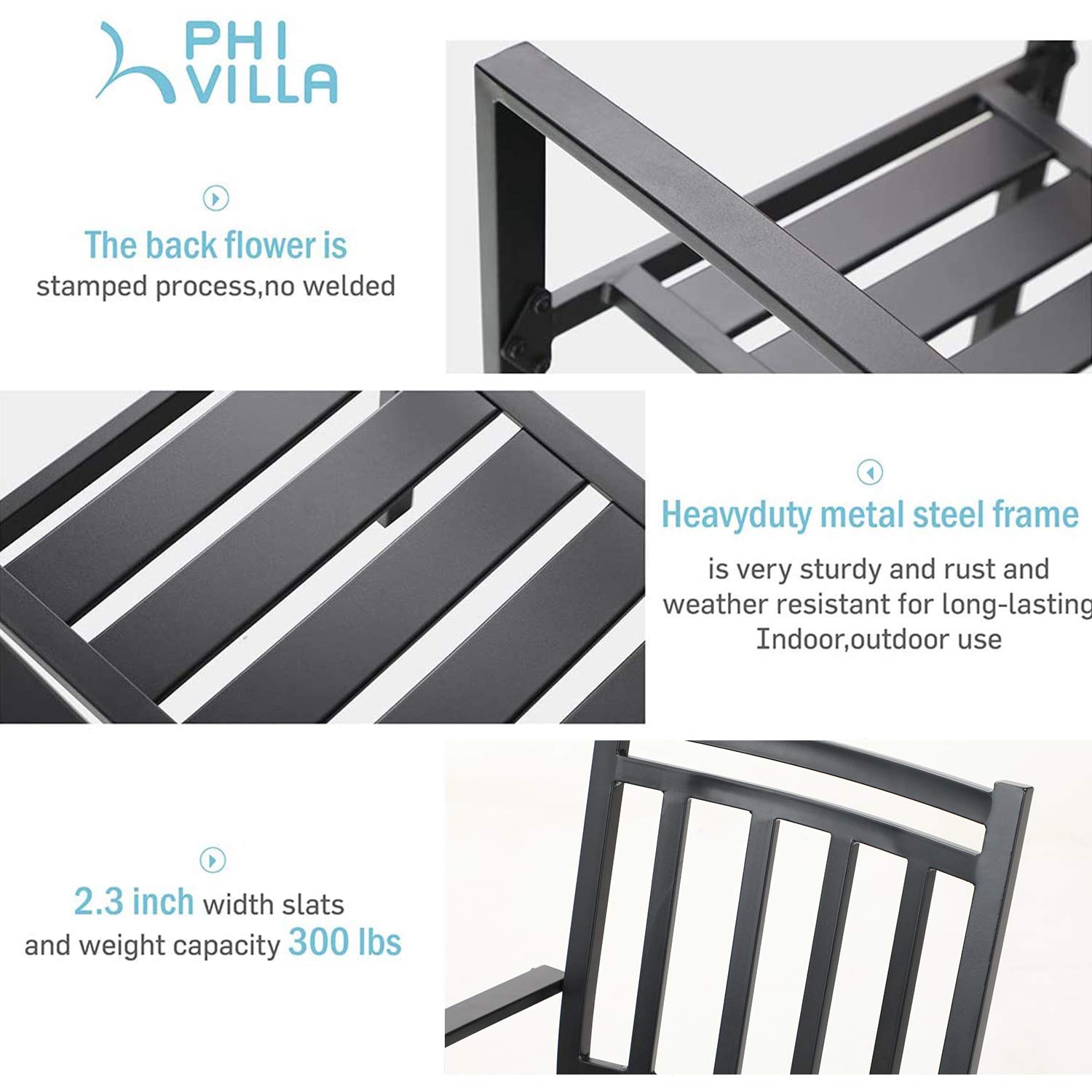 PHI VILLA 5-Piece Outdoor Dining Set - 4 Metal Patio Chairs & 1 Rectangular Umbrella Table - Durable Bistro Furniture for Backyard, Garden, Poolside & Restaurant Outdoor Seating
