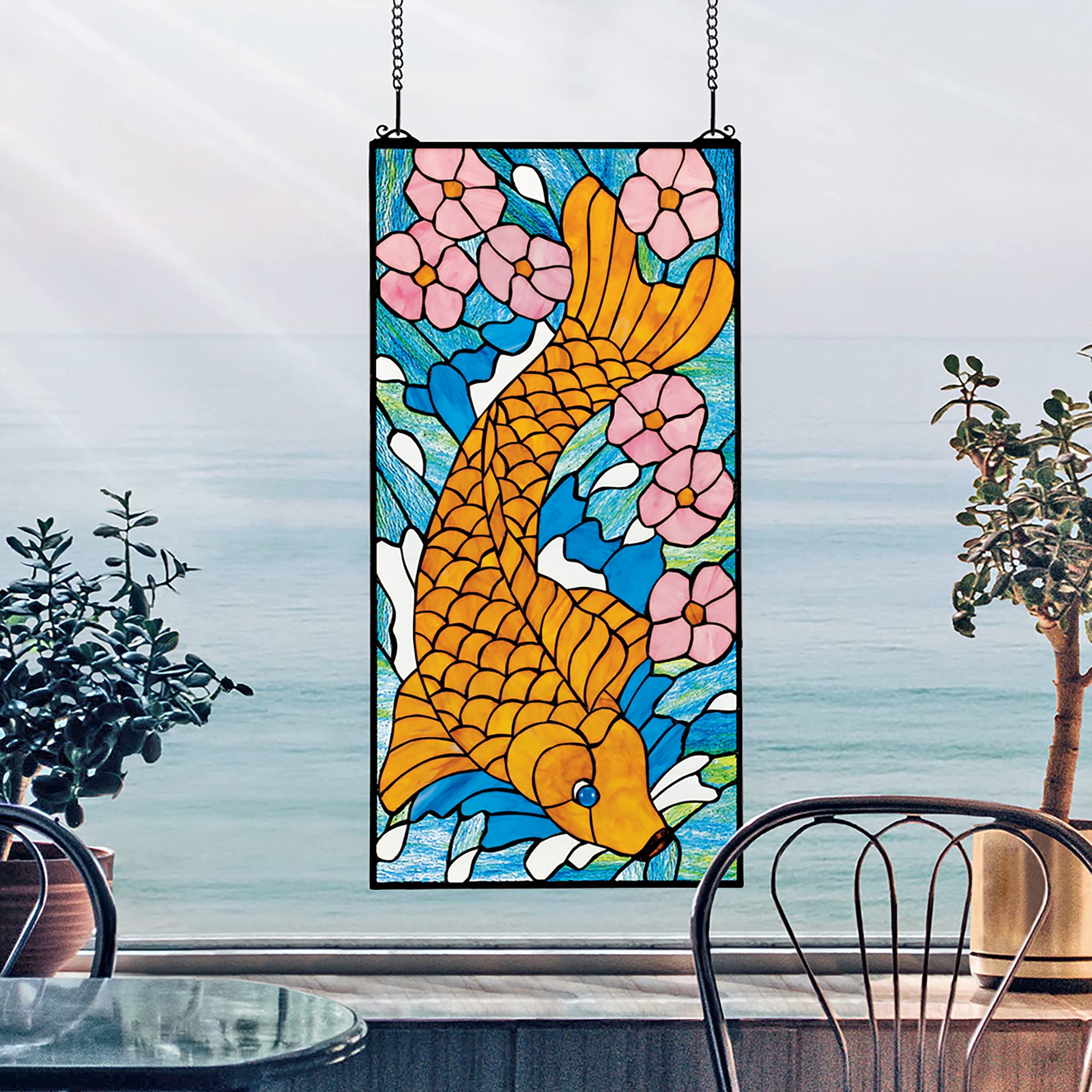 Stained Glass Panel - Asian Koi Fish Design - Handmade Stained Glass Window Hangings for Home Decor | Perfect for Living Room, Bedroom, Bathroom & Office Window Treatments