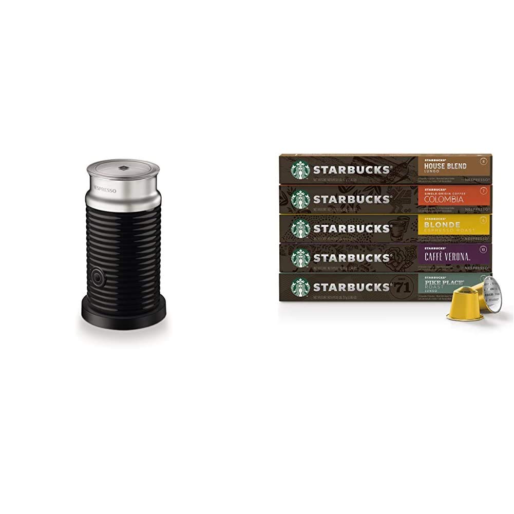 Nestle Nespresso 3694-US-BK Aeroccino3 Milk Frother Black & Starbucks by Nespresso Variety Pack (50 Capsules) - Perfect for Home Baristas and Coffee Lovers