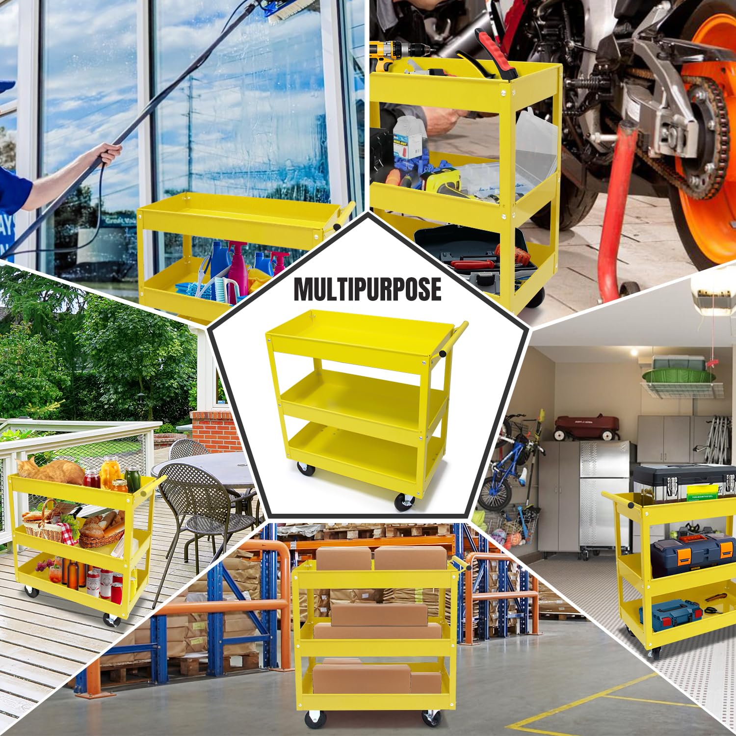 30in Large Steel Service Cart with Wheels - Heavy Duty 3-Tier Metal Utility Cart - 400 lbs Capacity Rolling Tool Cart for Workshop, Garage & Industrial Use - Yellow