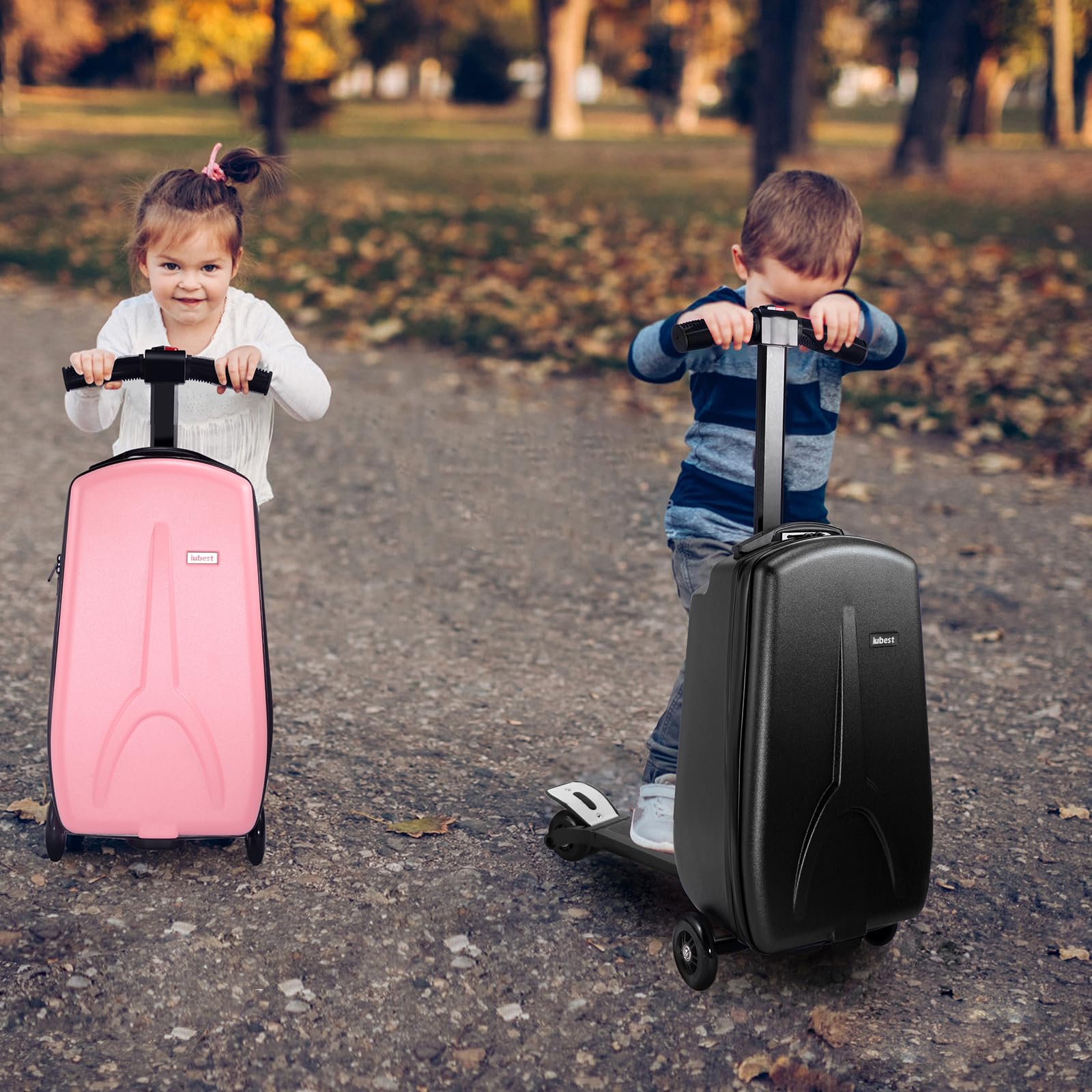 iubest 4-in-1 Detachable Foldable Scooter Luggage for Kids Age 4-15 | Ride On Travel Trolley & Carry On Suitcase Combo - Black | Perfect for Airports, Theme Parks & Family Vacations