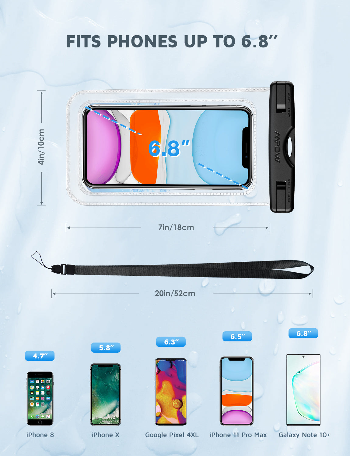 MPOW PA097A Waterproof Phone Pouch - IPX8 Certified Dry Bag for Swimming, Beach, Kayaking & Outdoor Activities - Universal Waterproof Case for iPhone 15/14/13, Samsung Galaxy S23/S22 & More Smartphones