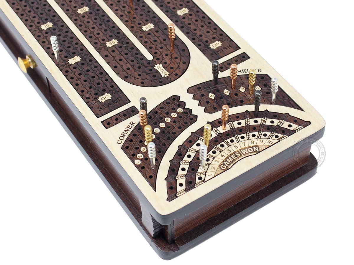 Premium Continuous Cribbage Board with 4 Tracks - Maple & Rosewood Inlaid Box with Sliding Lids, Drawer & Score Marking Fields for Skunks, Corners & Won Games | Perfect for Family Game Nights, Travel & Competitive Cribbage Play