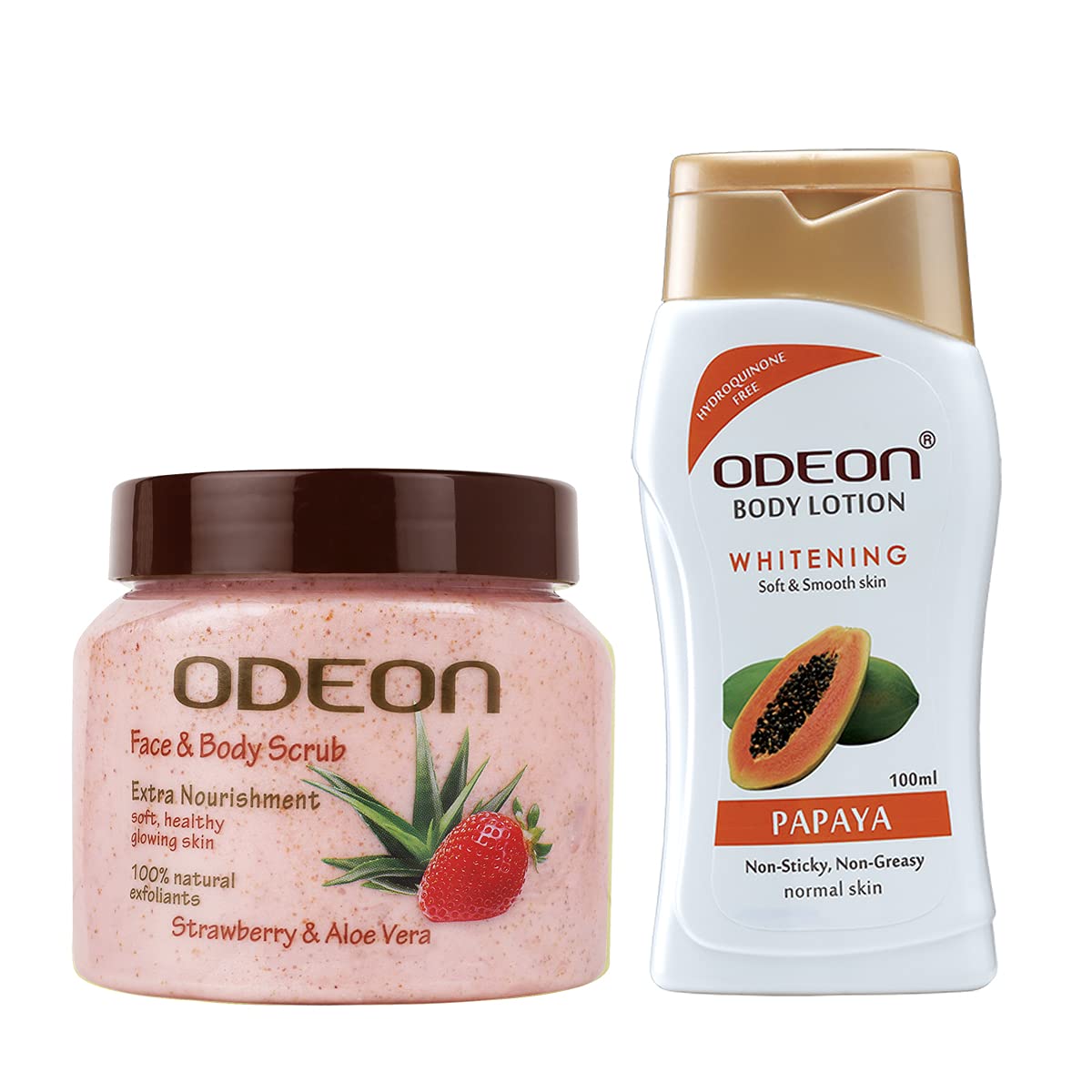 Odeon Skincare Combo Set - Strawberry & Aloe Vera Face Scrub (300ml) + Whitening Papaya Body Lotion (100ml) | Exfoliating & Moisturizing Kit for Glowing Skin | Perfect for Daily Skincare Routine & Spa Day at Home
