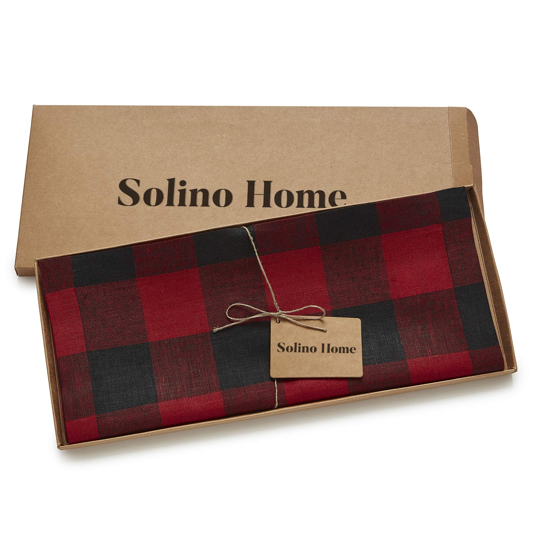 Solino Home 100% Pure Linen Buffalo Check Table Runner - 14 x 36 Inch Red and Black Plaid Tablecloth - Perfect for Dining Tables, Coffee Tables, Dressers & Holiday Decor