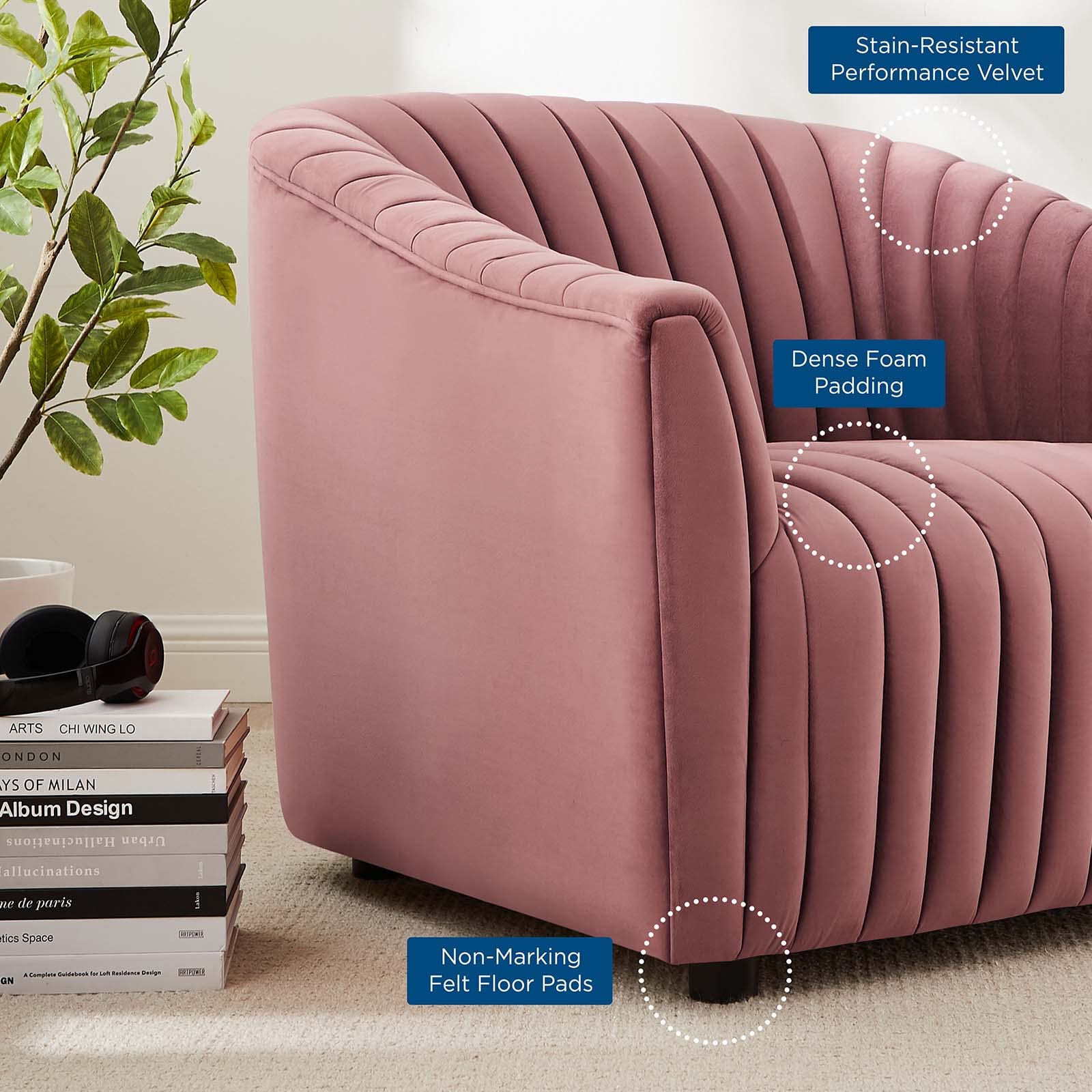 Modway Announce Performance Velvet Channel Tufted Armchair - Luxurious Dusty Rose Upholstered Accent Chair for Living Room, Bedroom & Office