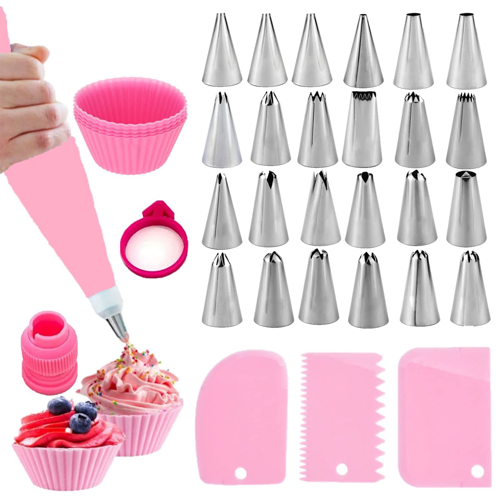 NANAKKI 35PCS Professional Cake Decorating Kit - 24 Icing Tips & Silicone Piping Bags with Storage Box (Pink) | Perfect for Birthday Cakes, Cupcakes, Cookies & Pastry Decorating