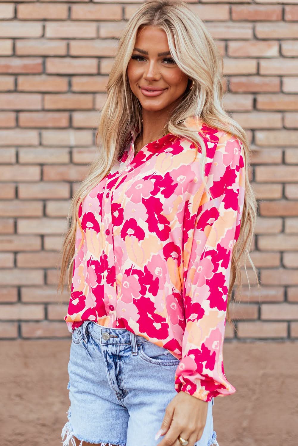 Elegant Pink Floral Puff Sleeve Blouse for Women - Perfect for Spring Outfits, Date Nights & Office Wear