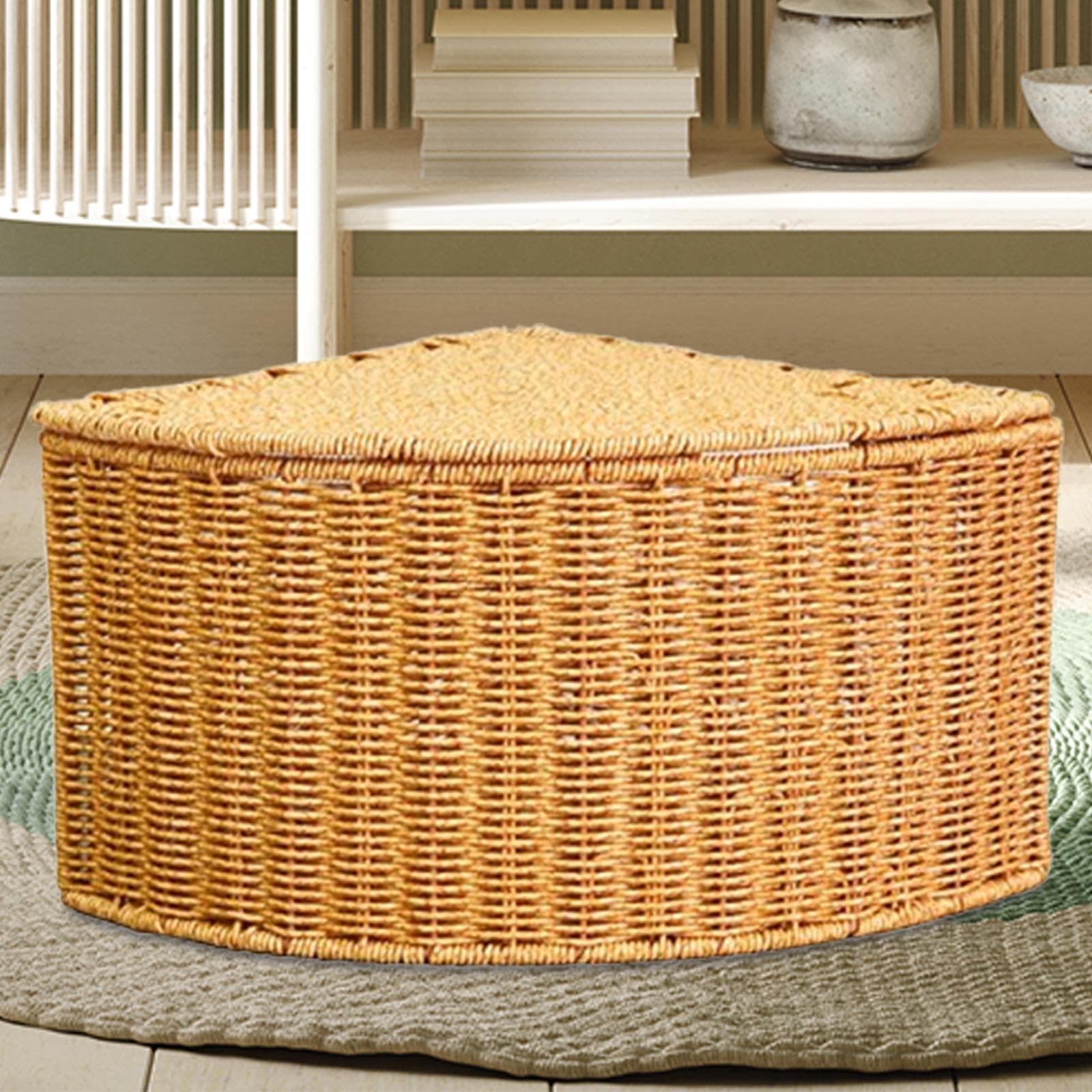 Woven Storage Basket with Lid - Corner Storage Box for Office, Pantry, Desktop & Bedroom Organization | Home Decor & Clutter Control Solution