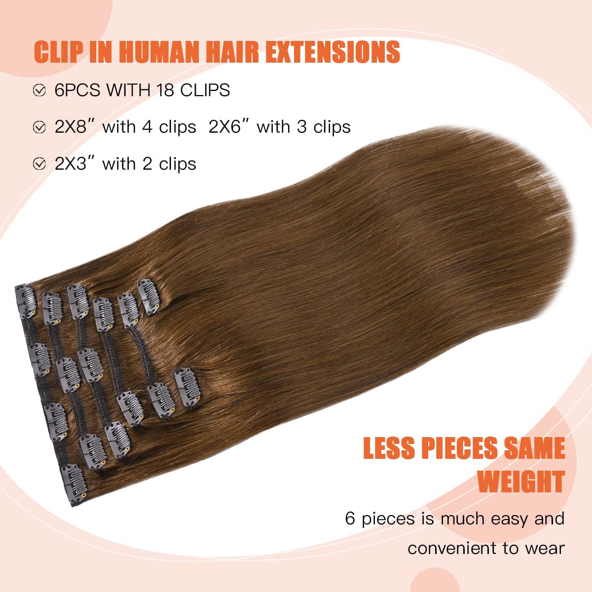 Light Brown Clip in Human Hair Extensions 18 Inch 70g 7pcs - Remy Hair Silky Straight with 16 Clips - #6 Chestnut Brown Hair Extensions for Women - Perfect for Daily Styling, Parties & Special Occasions