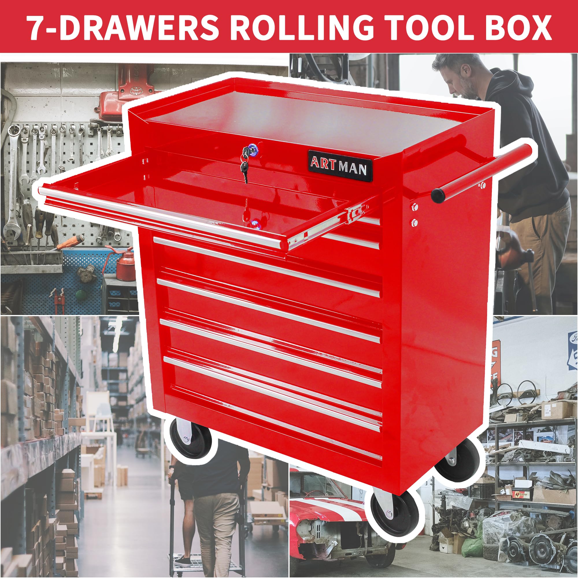 7-Drawer Rolling Tool Cart with Locking Wheels - 24.2