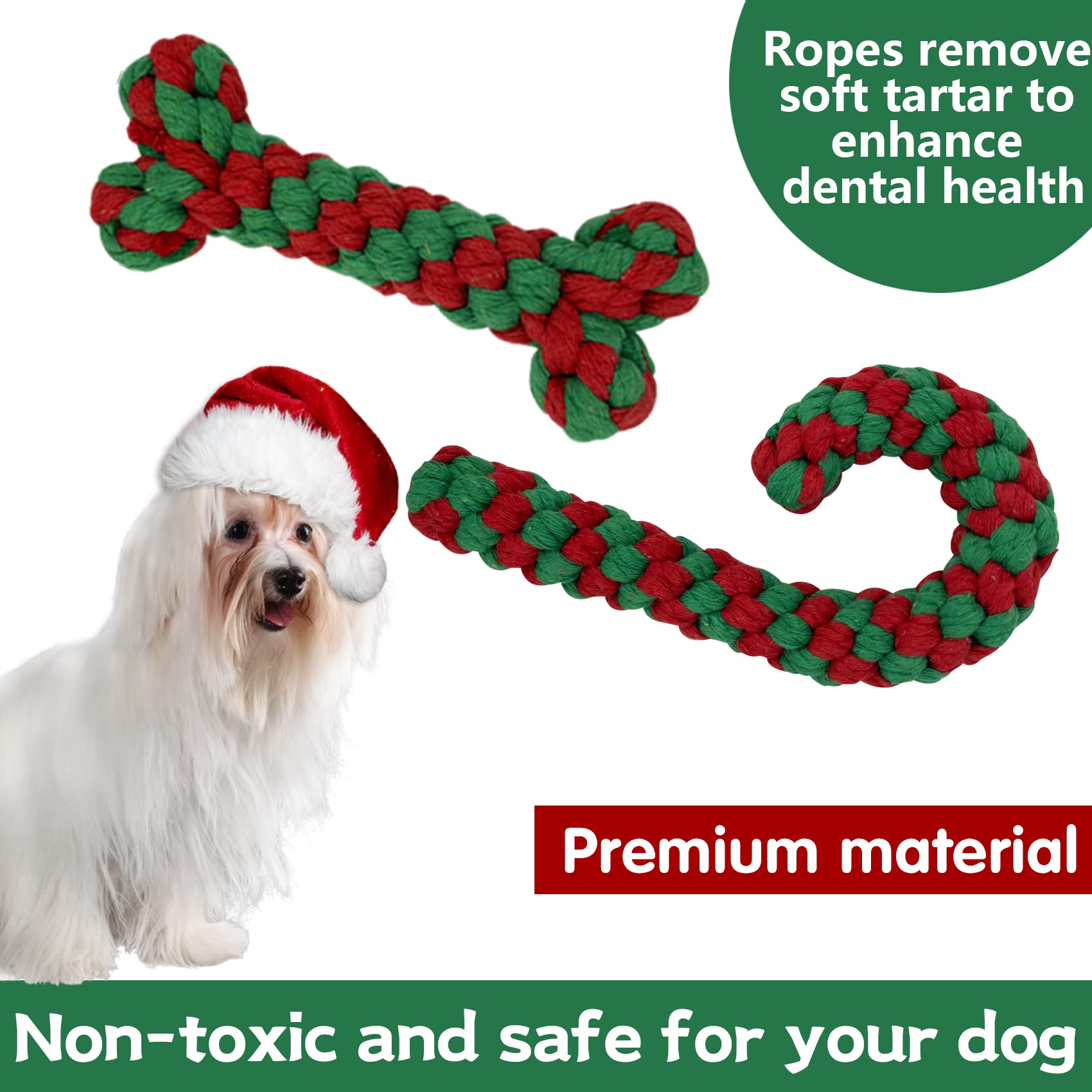 MISS FANTASY Christmas Dog Toys - 4 Pack Stuffless Rope Chew Toys for Aggressive Chewers, Durable Plush Puppy Toys with Squeaker for Large Medium Small Dogs | Holiday Gift for Pets, Interactive Play & Teething Relief