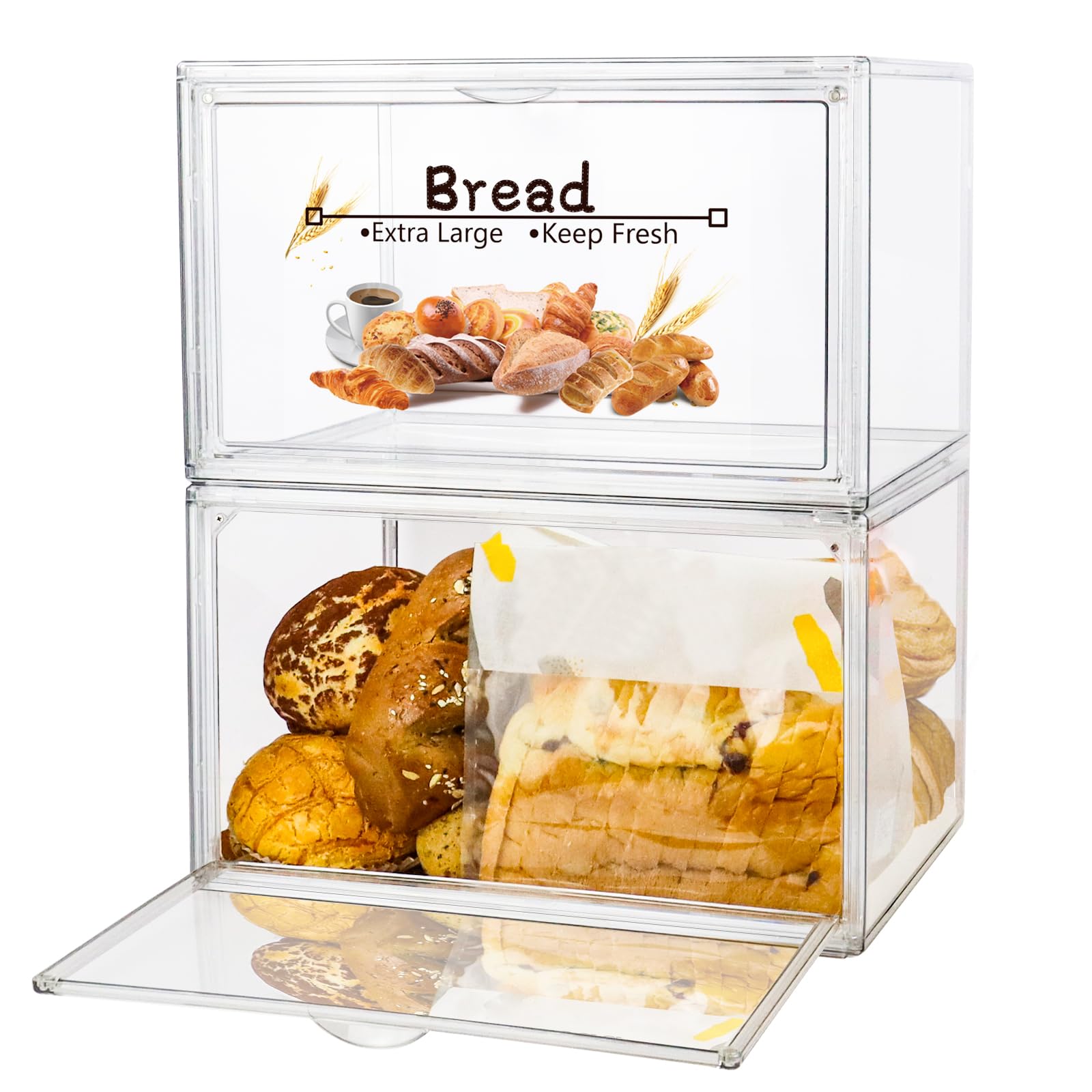 RISICULIS 2-Piece Large Clear Bread Storage Box Set - Stackable Double Layer Kitchen Countertop Organizer for Homemade Bread, Bagels, Muffins & Rolls | Perfect for Baking, Meal Prep & Pantry Organization