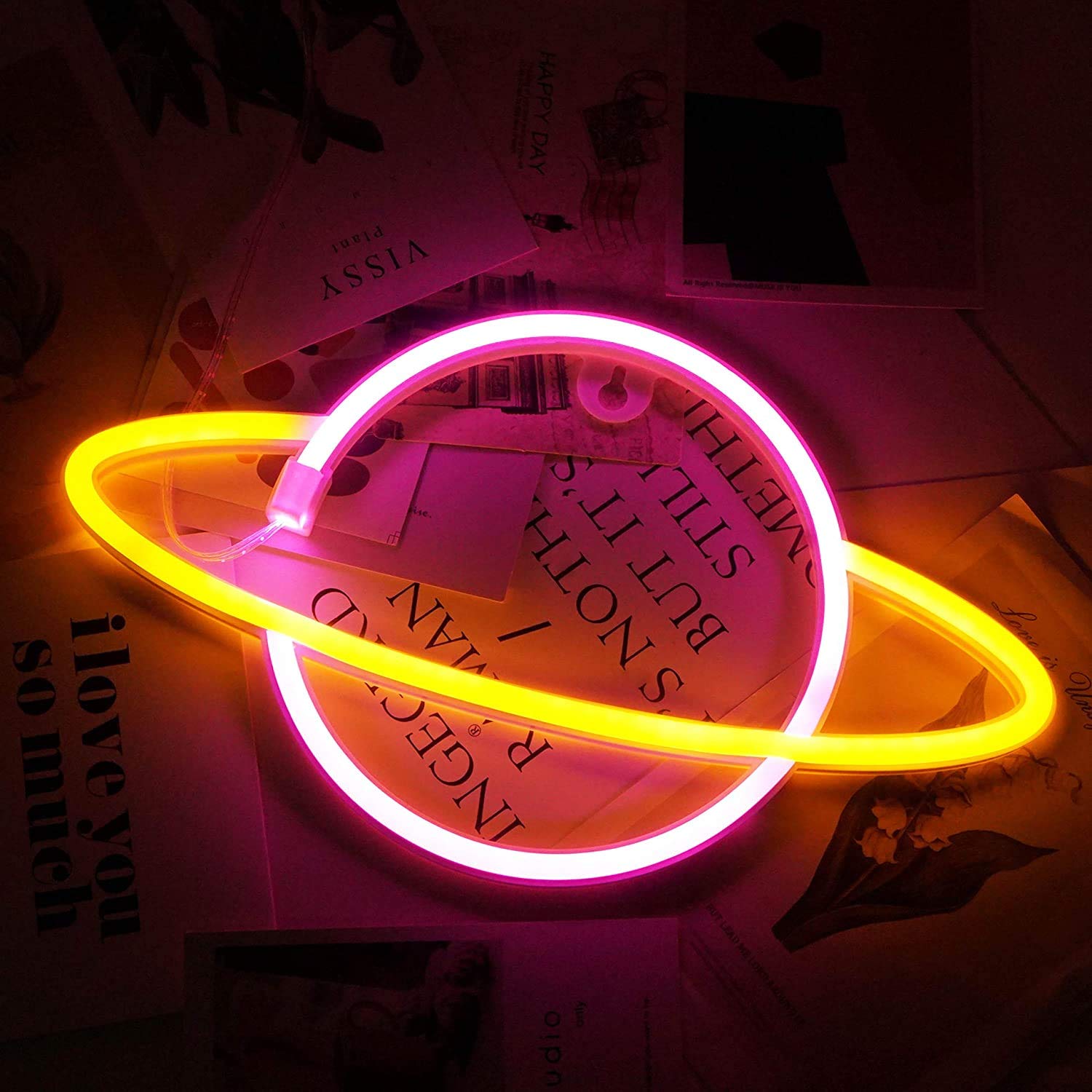 WONFAST LED Neon Sign - Planet Rocket Acrylic Night Light with Battery/USB Power, Wall Decor for Kids Room, Christmas, Birthday & Wedding Party (Pink/Yellow) - Perfect for Bedroom, Nursery, Game Room & Home Decor