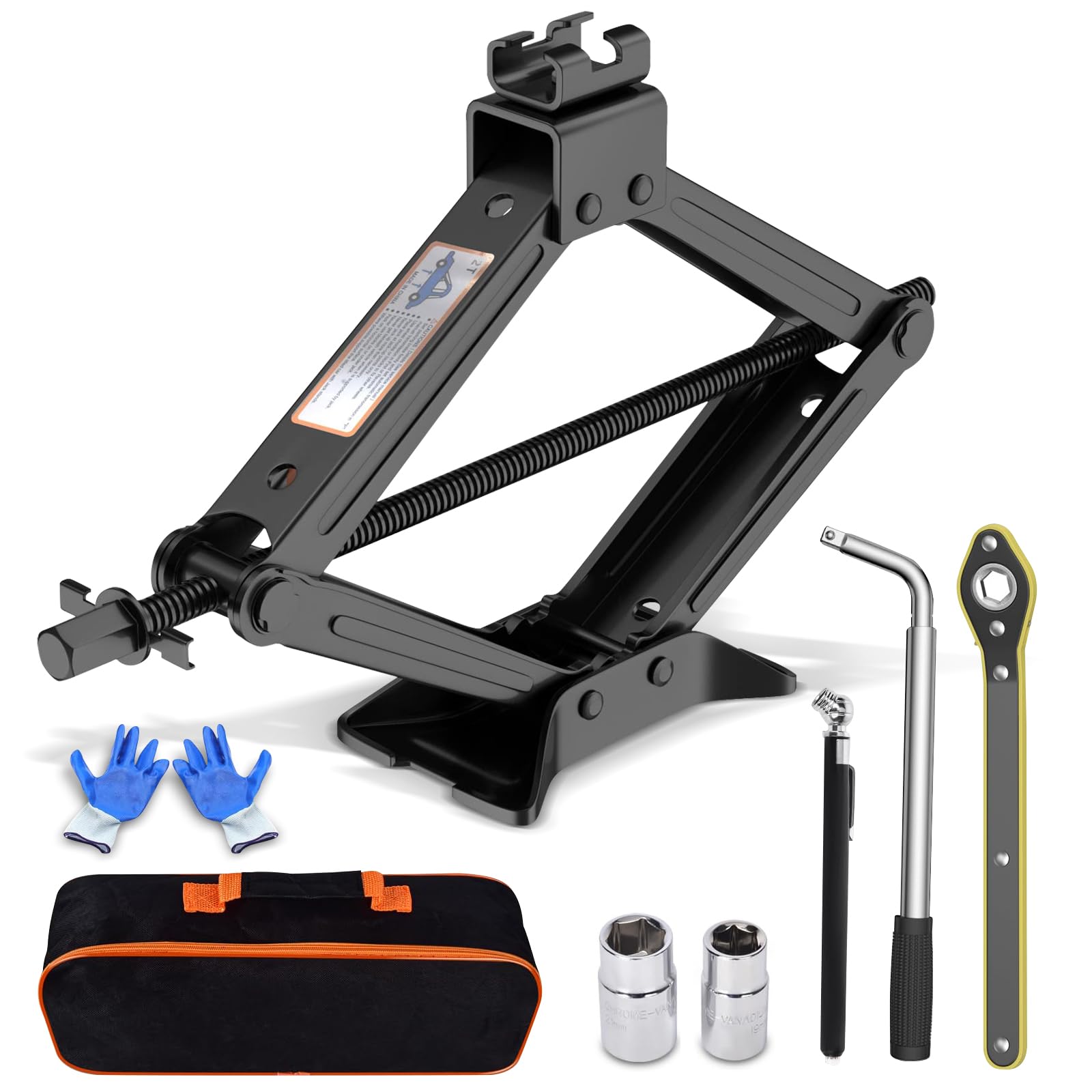 2 Ton (4409 lbs) Car Jack Kit - Heavy Duty Scissor Jack with Ratchet Wrench, Lug Wrench, Gloves & Tire Pressure Gauge | Portable Tire Changing Kit for Cars, SUVs & MPVs | Emergency Roadside Assistance & Flat Tire Repair