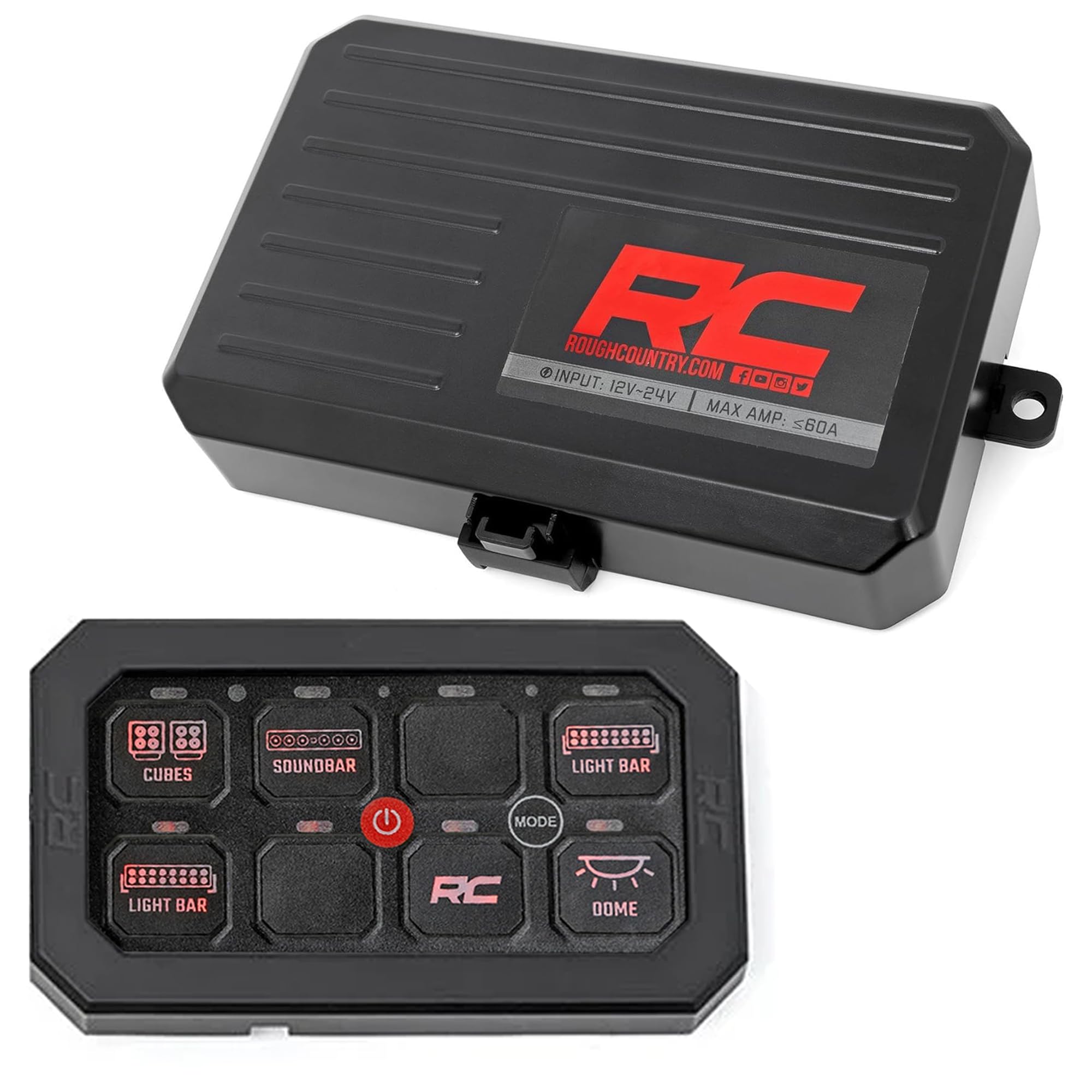 Rough Country 8-Gang Backlit Switch Panel with Relay System - Universal Light & Accessory Controller for Trucks, Jeeps, UTVs | Plug-and-Play Installation | 60A Capacity | Perfect for Off-Roading, Camping & Emergency Lighting