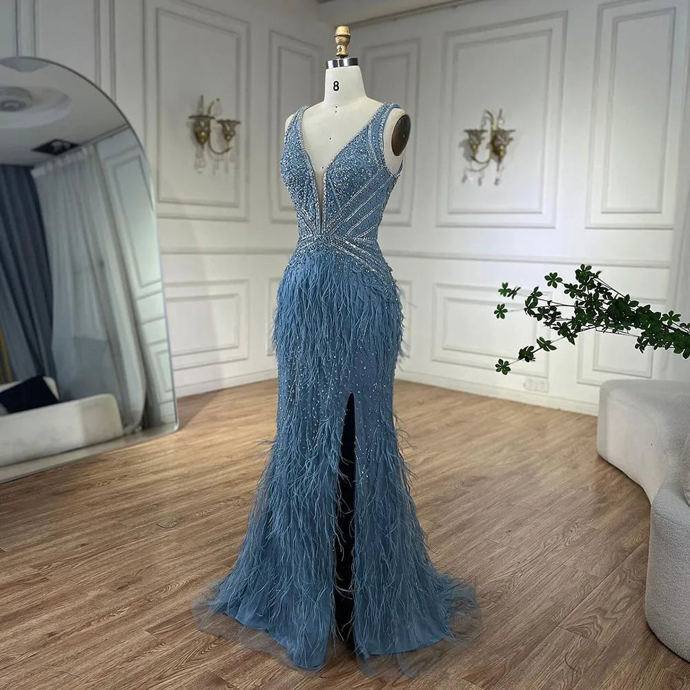 Elegant Gold Mermaid Evening Dress with High Slit & Feather Details - Backless Beaded Gown for Women - Perfect for Prom, Gala, and Red Carpet Events