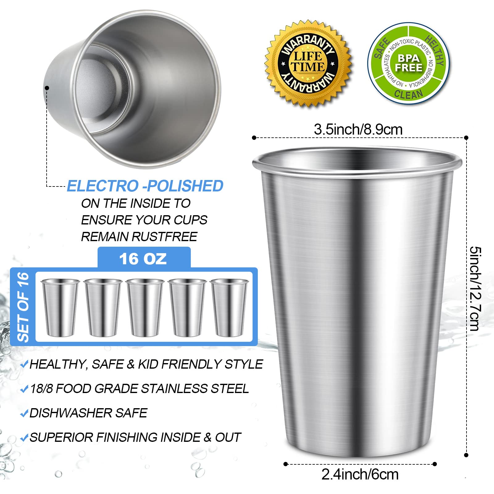 Honeydak 16 Pack 16 oz Stainless Steel Cups - Stackable Metal Camping Tumblers, Shatterproof Drinking Glasses for Adults | Perfect for Travel, Outdoor Adventures, Camping, Picnics, BBQs & Everyday Use
