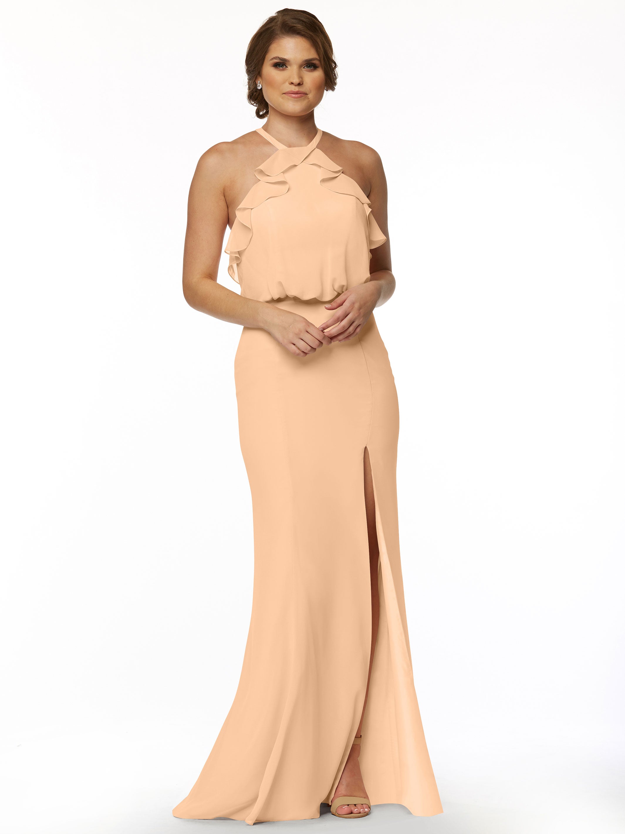 Elegant 80147 Fit and Flare Chiffon Bridesmaid Dress with Ruffled Neckline & Thigh Slit - Perfect for Weddings, Proms, and Formal Events