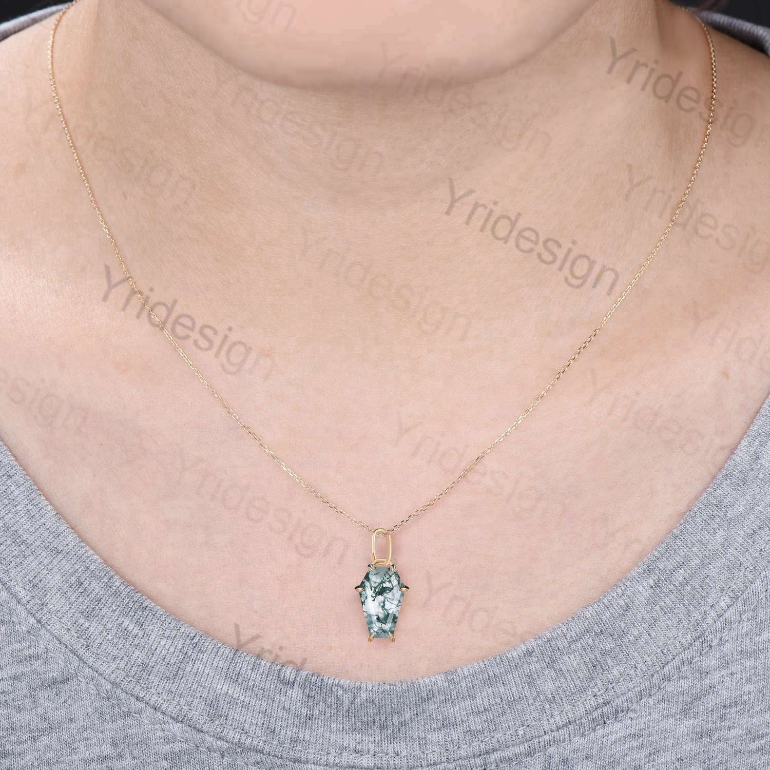 Natural Moss Agate Coffin Pendant Necklace - 14K/18K Rose Gold Vintage Jewelry, Personalized Bridal Gift for Women, Anniversary Present - Perfect for Weddings, Date Nights & Special Occasions