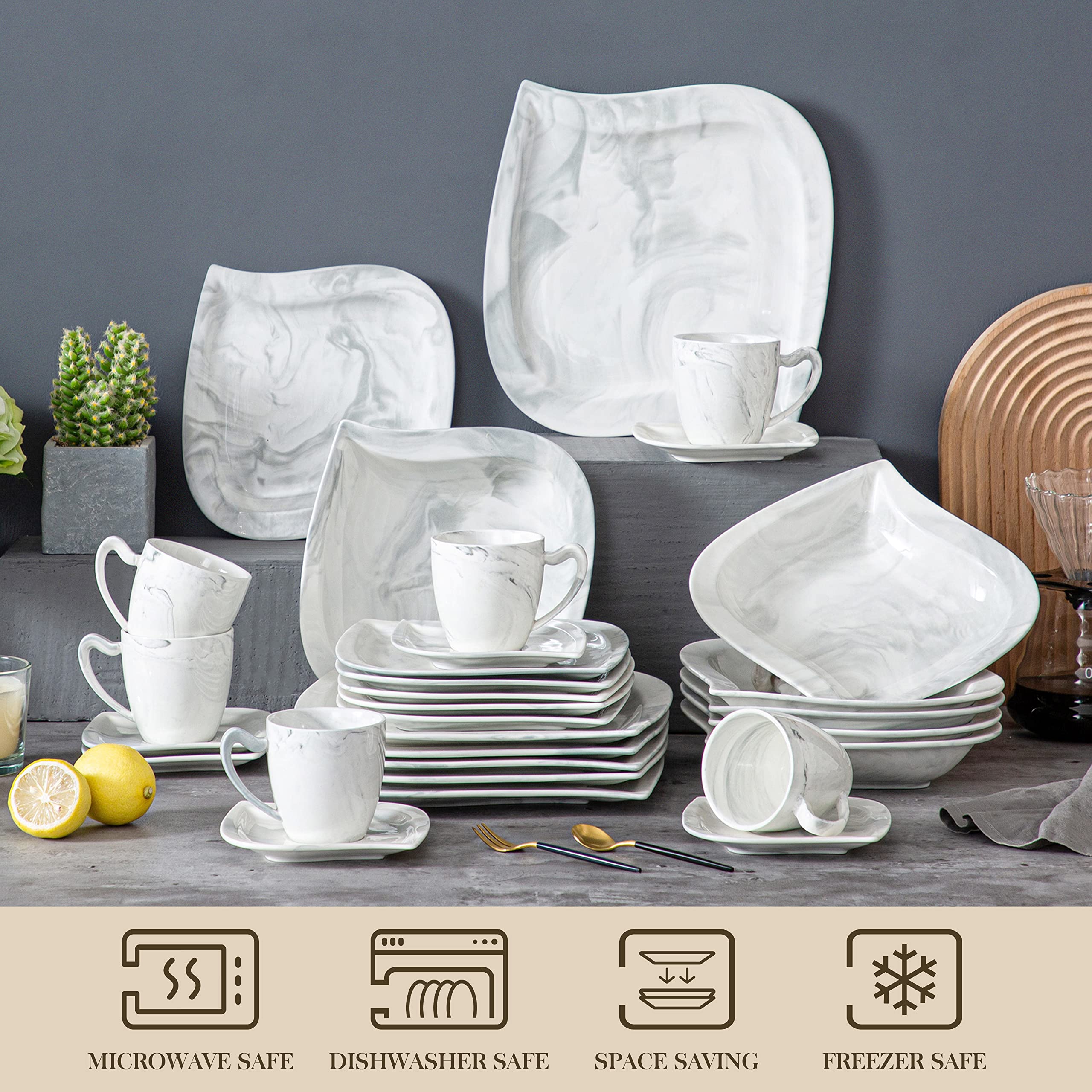30-Piece MALACASA Porcelain Dinnerware Set for 6 - Modern Square Plates, Bowls, Cups & Saucers - Marble-Look Dish Set (Elvira Series) - Perfect for Family Dinners, Entertaining Guests & Restaurant-Style Dining