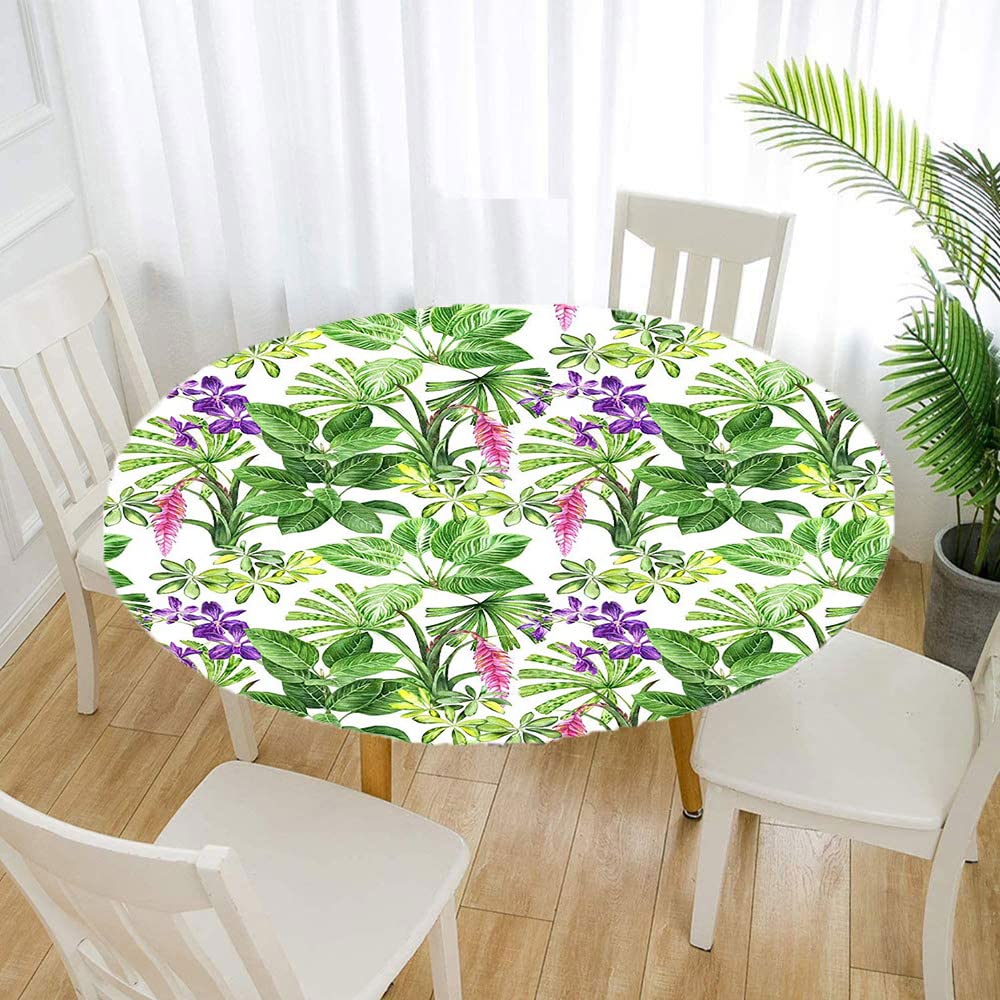 Waterproof Round Tablecloth with Elastic Edge - Tropical Palm Leaves Design for 52 Inch Dining Tables, Buffet Parties & Camping | Wipeable, Durable & Perfect for Outdoor/Indoor Use