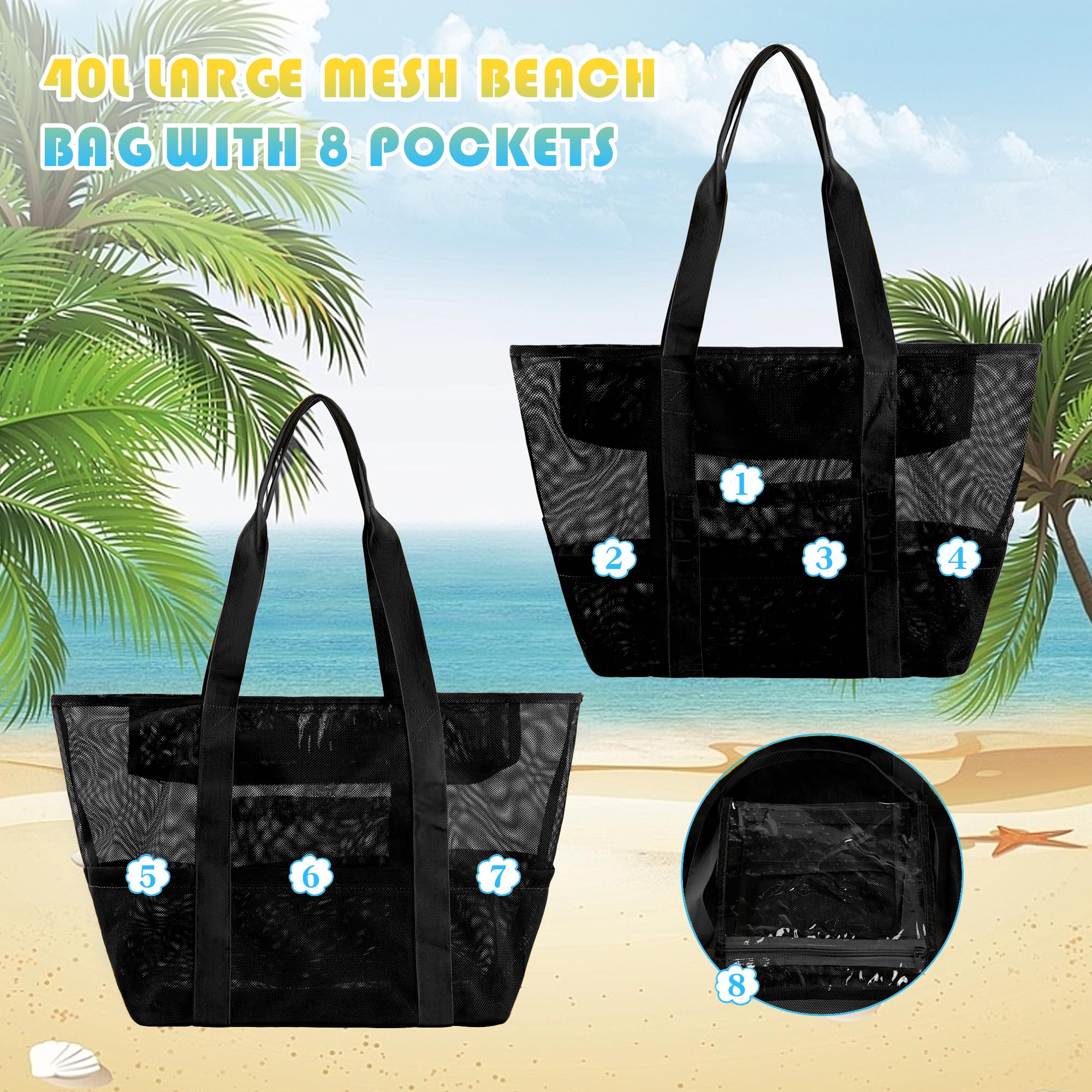 **Large Zippered Beach Tote Bag with 8 Pockets - Lightweight Mesh Sandproof Foldable for Toys, Towels & Essentials - Perfect for Pool, Travel & Outdoor Adventures**