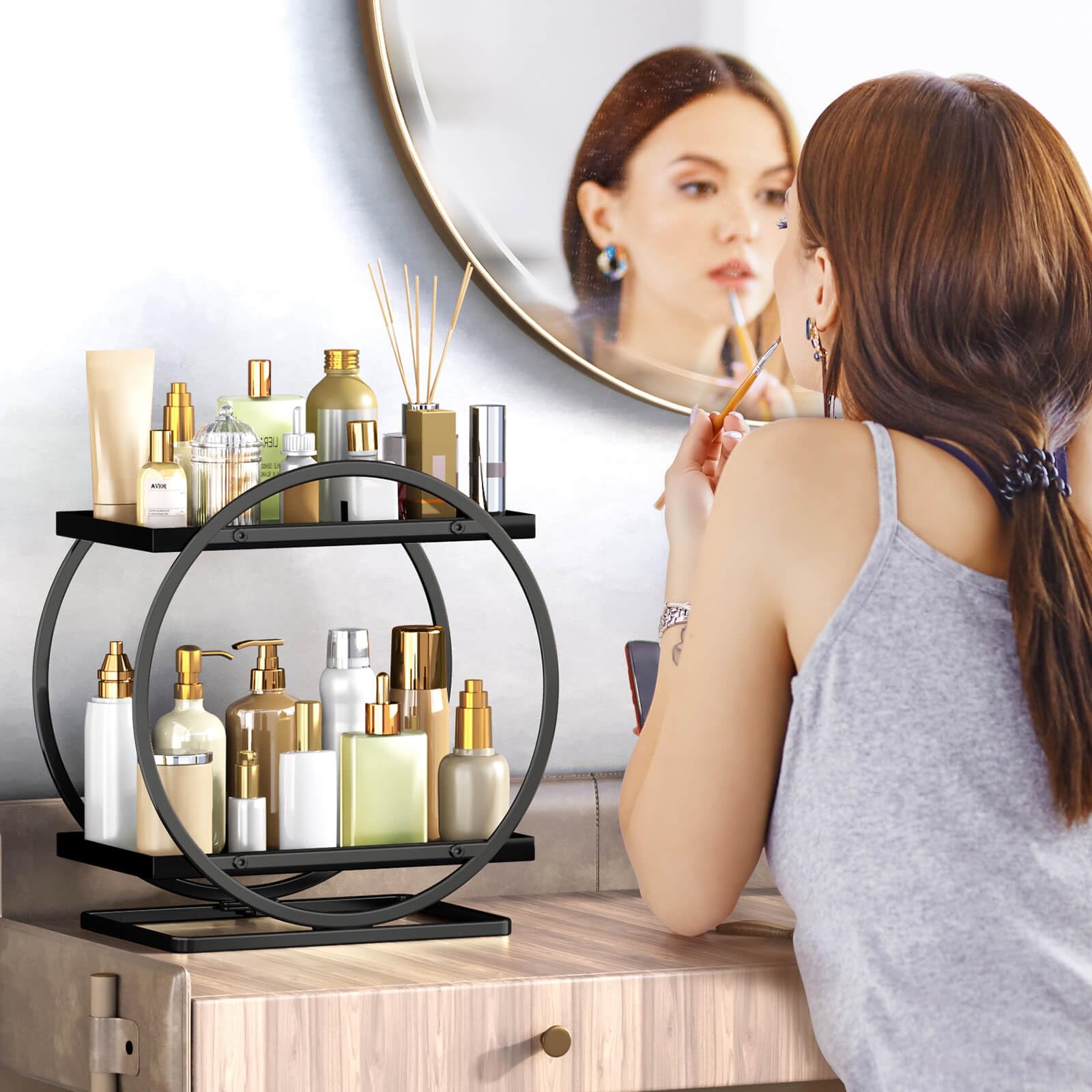 Black 2-Tier Makeup Organizer & Storage Tray for Dresser, Bathroom Vanity & Counter - Perfect for Cosmetics, Perfumes & Skincare Products - Ideal for Home, Travel & Gift Giving
