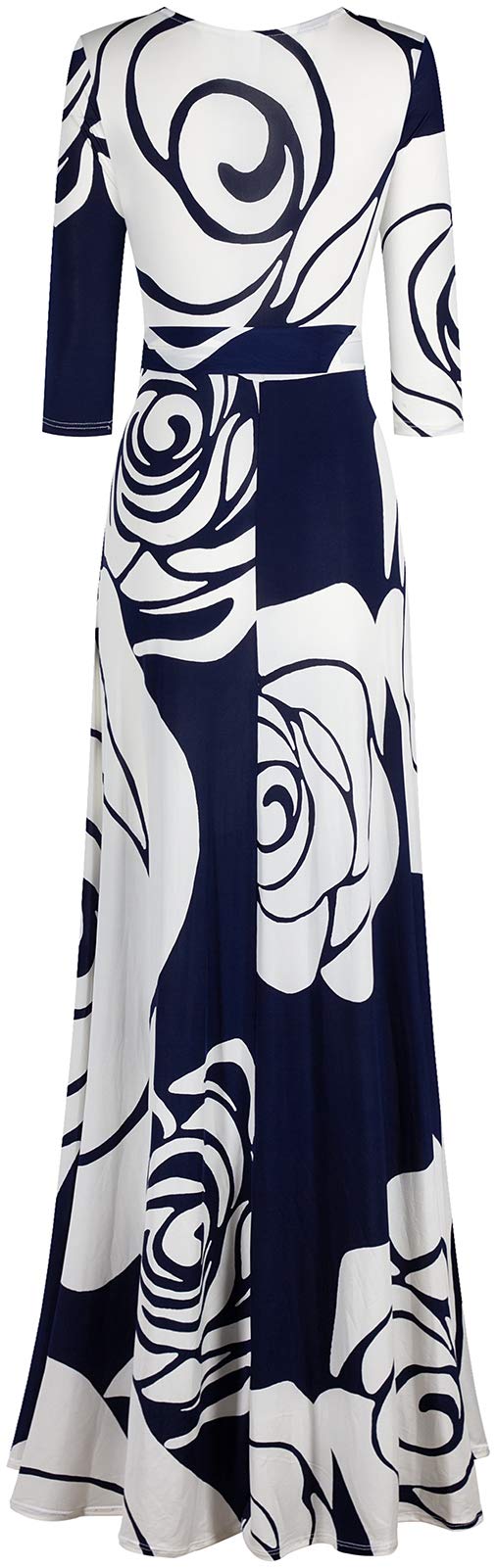 Women's Made in USA 3/4 Sleeve V-Neck Printed Maxi Faux Wrap Dress - Navy Blue XL - Summer Wedding Guest, Party, Bridal, Baby Shower & Maternity Nursing Dress for Casual & Formal Occasions