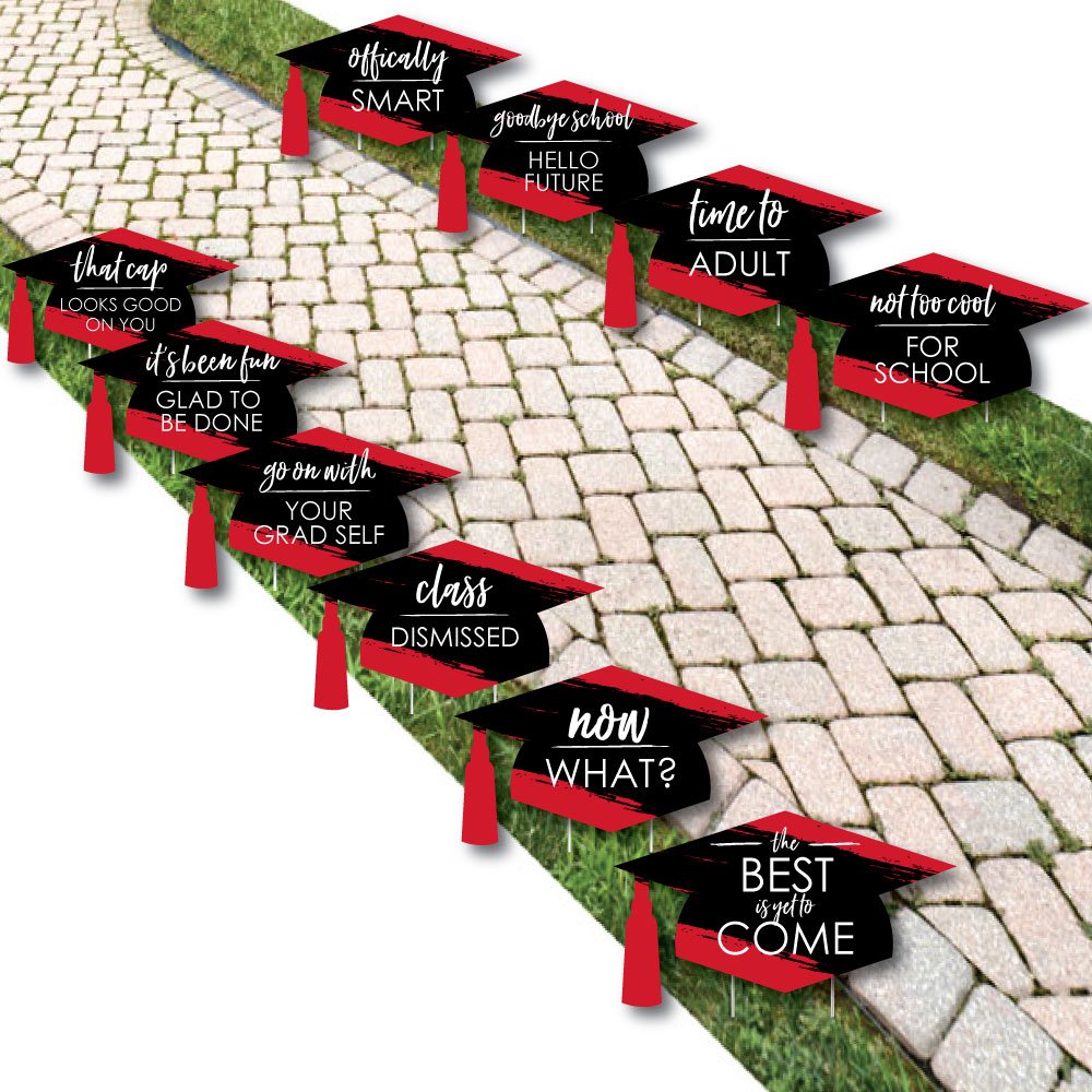Big Dot of Happiness Red Graduation Lawn Decorations - 10 Piece Set for Outdoor Graduation Party Decorations & Backyard Celebrations