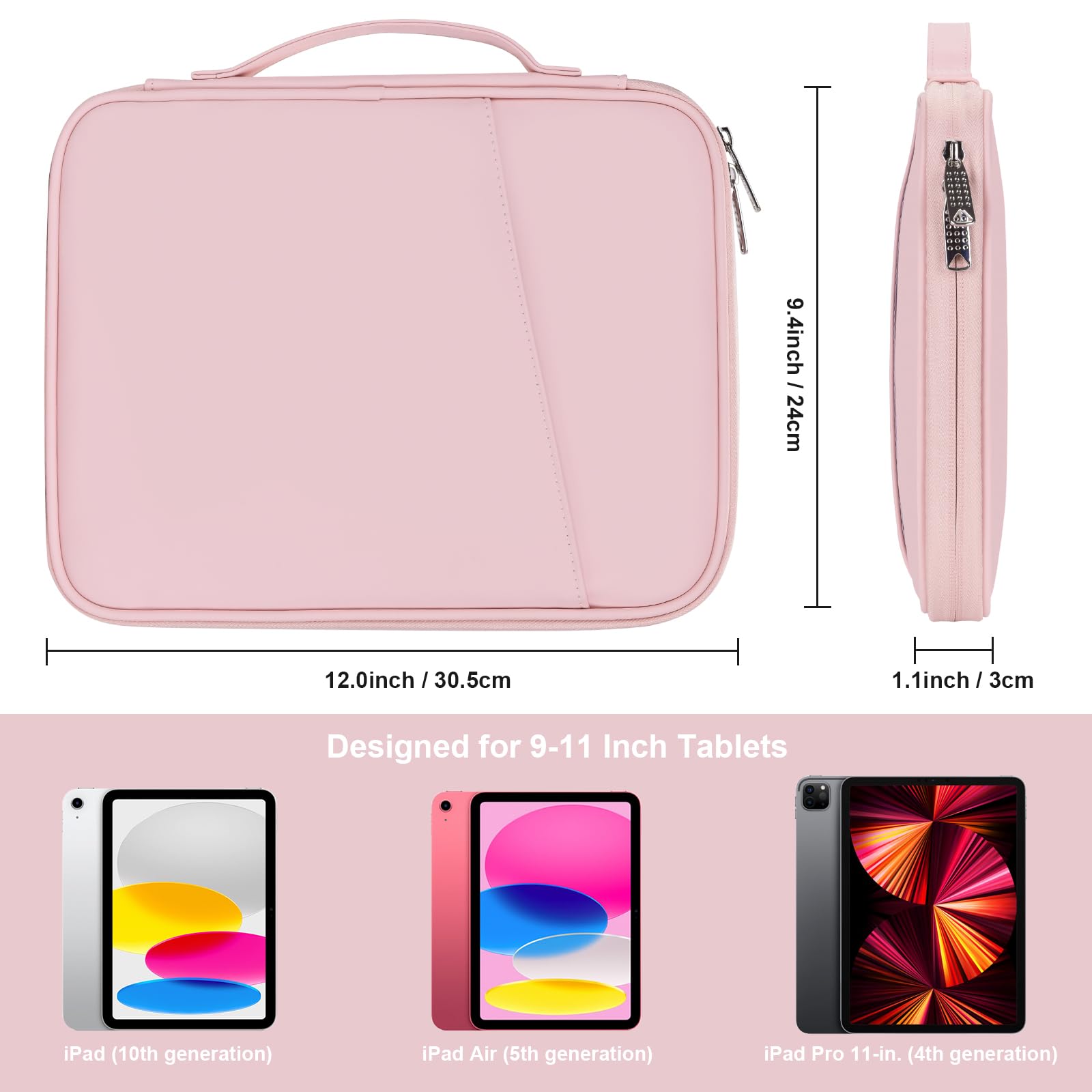 Premium 9-11 Inch Tablet Bag for Women - Padded Protective Sleeve Case Compatible with iPad Pro 11 (M4), iPad 10.9 (10th Gen), iPad Air 11 (M2), Samsung Galaxy Tab S9/S8 (PU Leather, Pink) - Perfect for Work, Travel & School Accessories