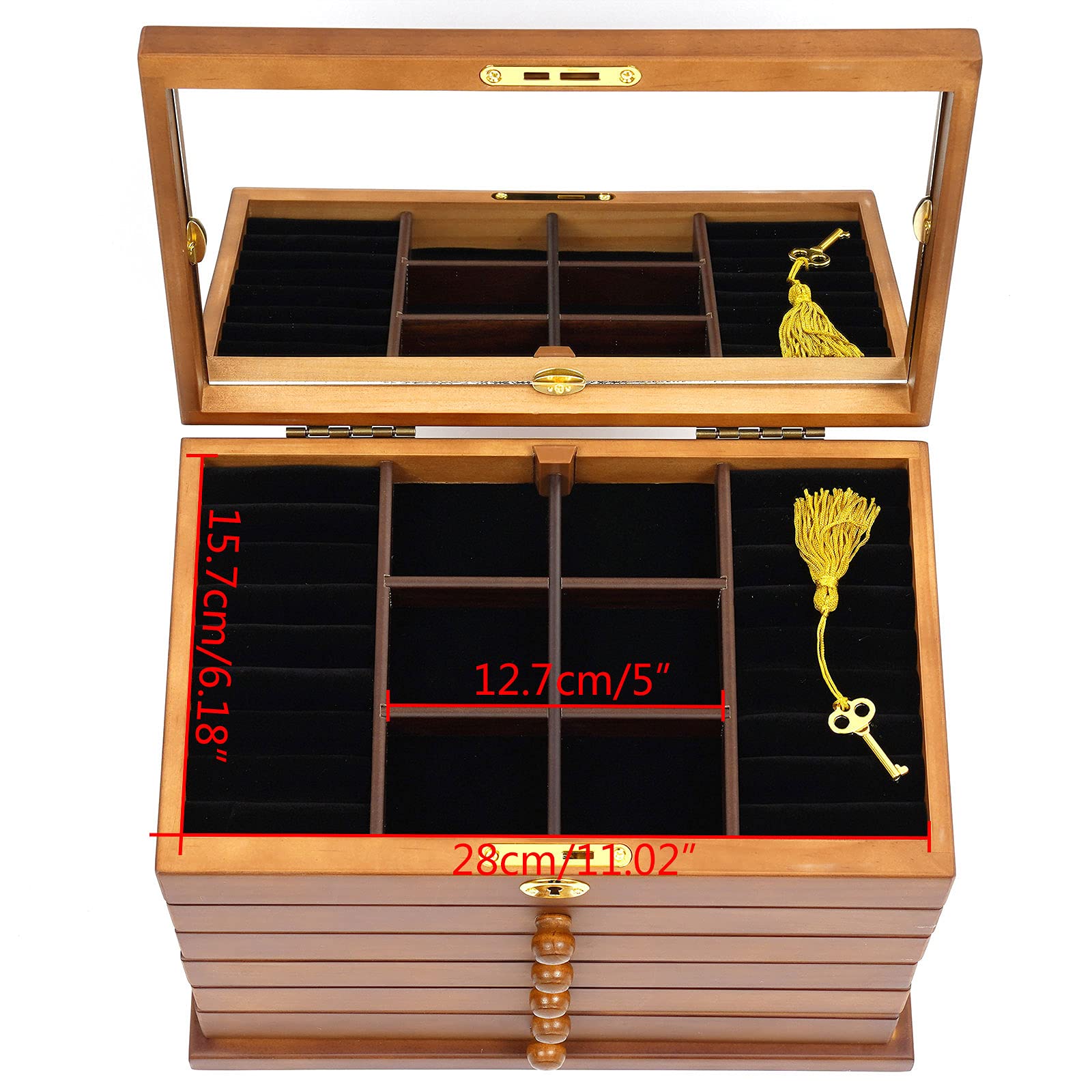 LOYALHEARTDY 6-Layer Large Wooden Jewelry Organizer Box with Mirror & Lock - Ring, Necklace, Earring, Bracelet Storage & Display Case - Perfect Gift for Women & Girls (Home Decor, Bedroom Vanity, Wedding Gift)