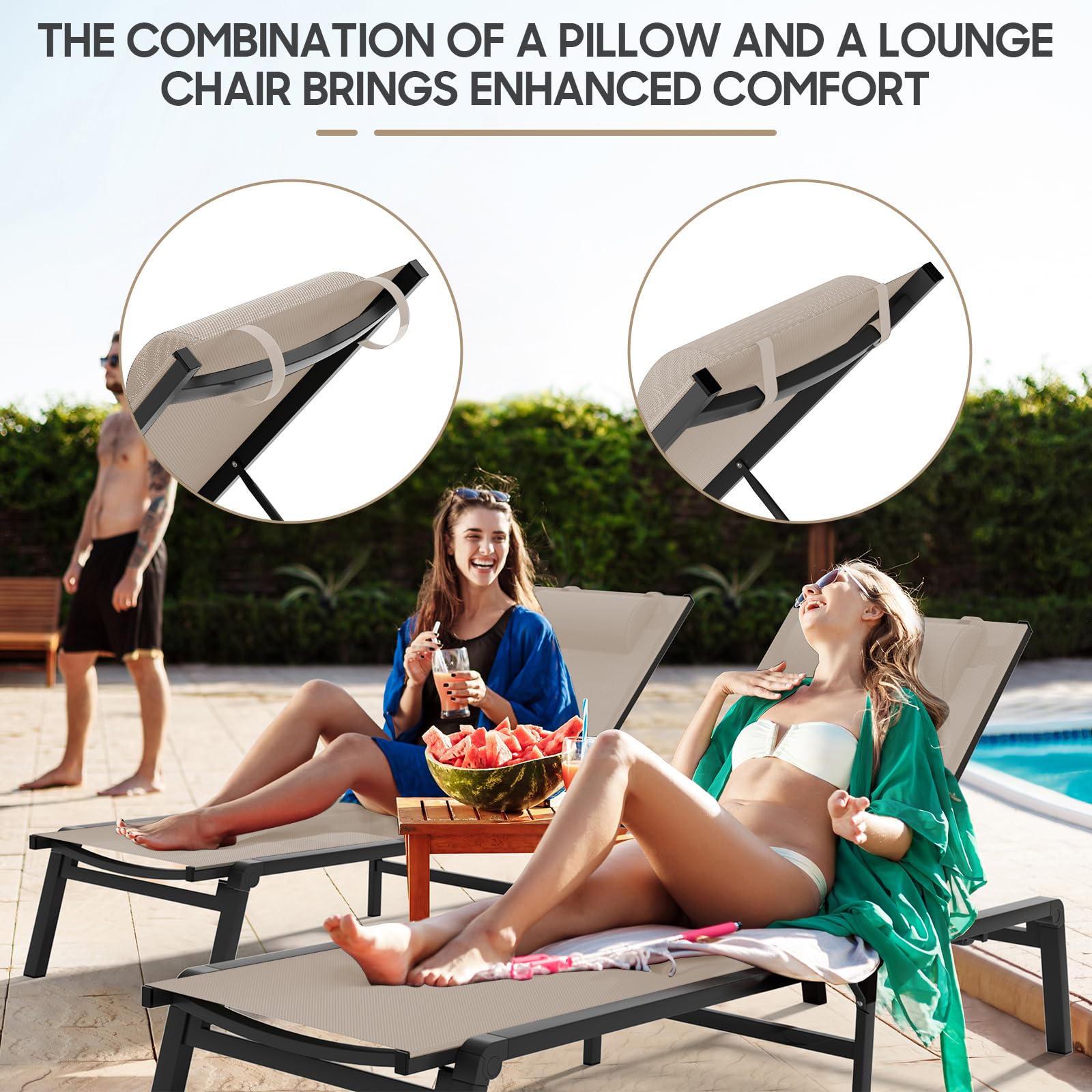 WOAJN 2-Pack Aluminum Patio Chaise Lounge Chairs - 5-Position Adjustable Backrest, Foldable Outdoor Poolside Chairs for Lawn, Deck, Beach & Backyard Relaxation (Khaki) - Perfect for Sunbathing, Lounging by the Pool, or Beachside Comfort