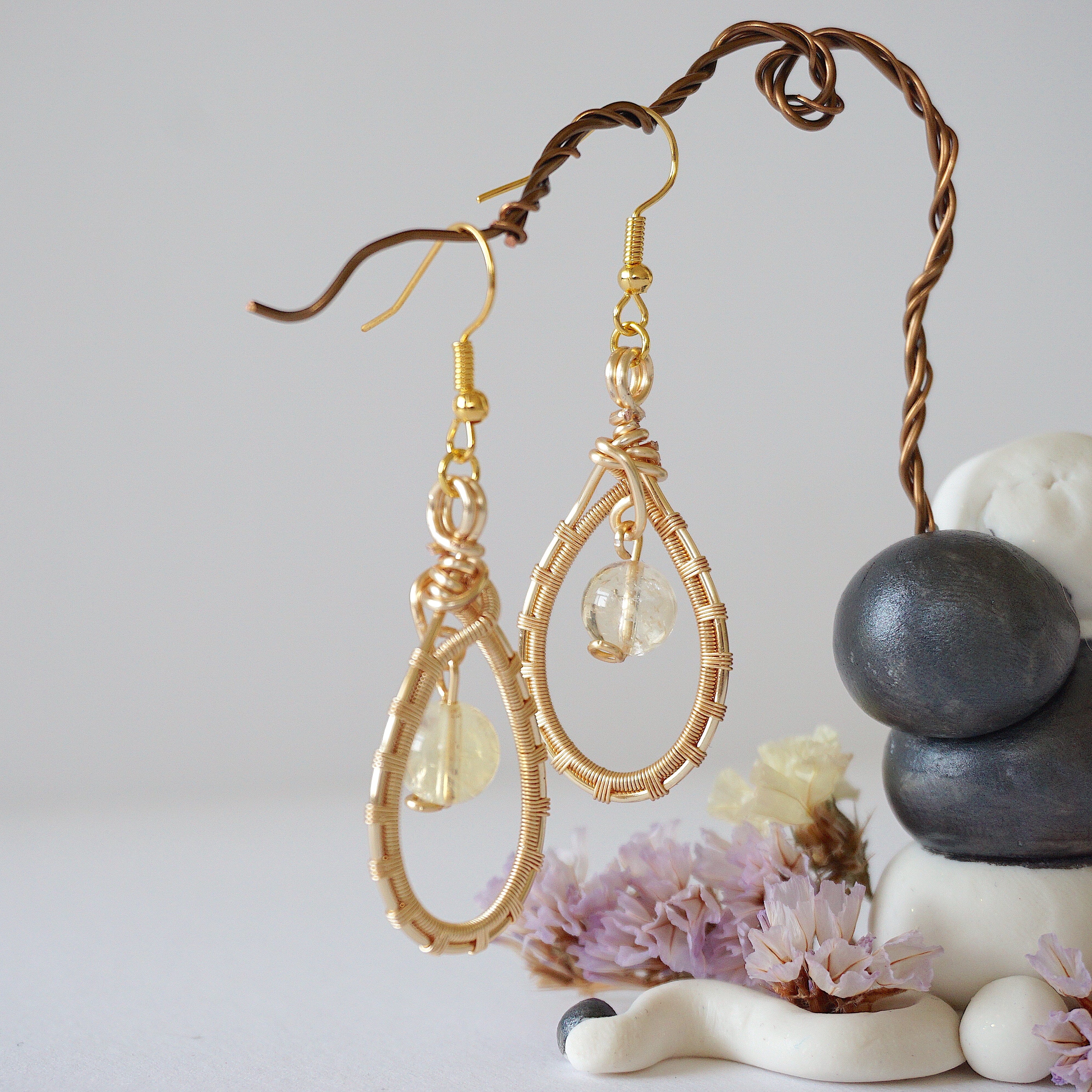 Citrine Round Wire Earrings - Gold Plated Dangle Earrings for Women | Elegant Jewelry Gift for Birthday, Anniversary & Party | Boho Chic & Everyday Wear