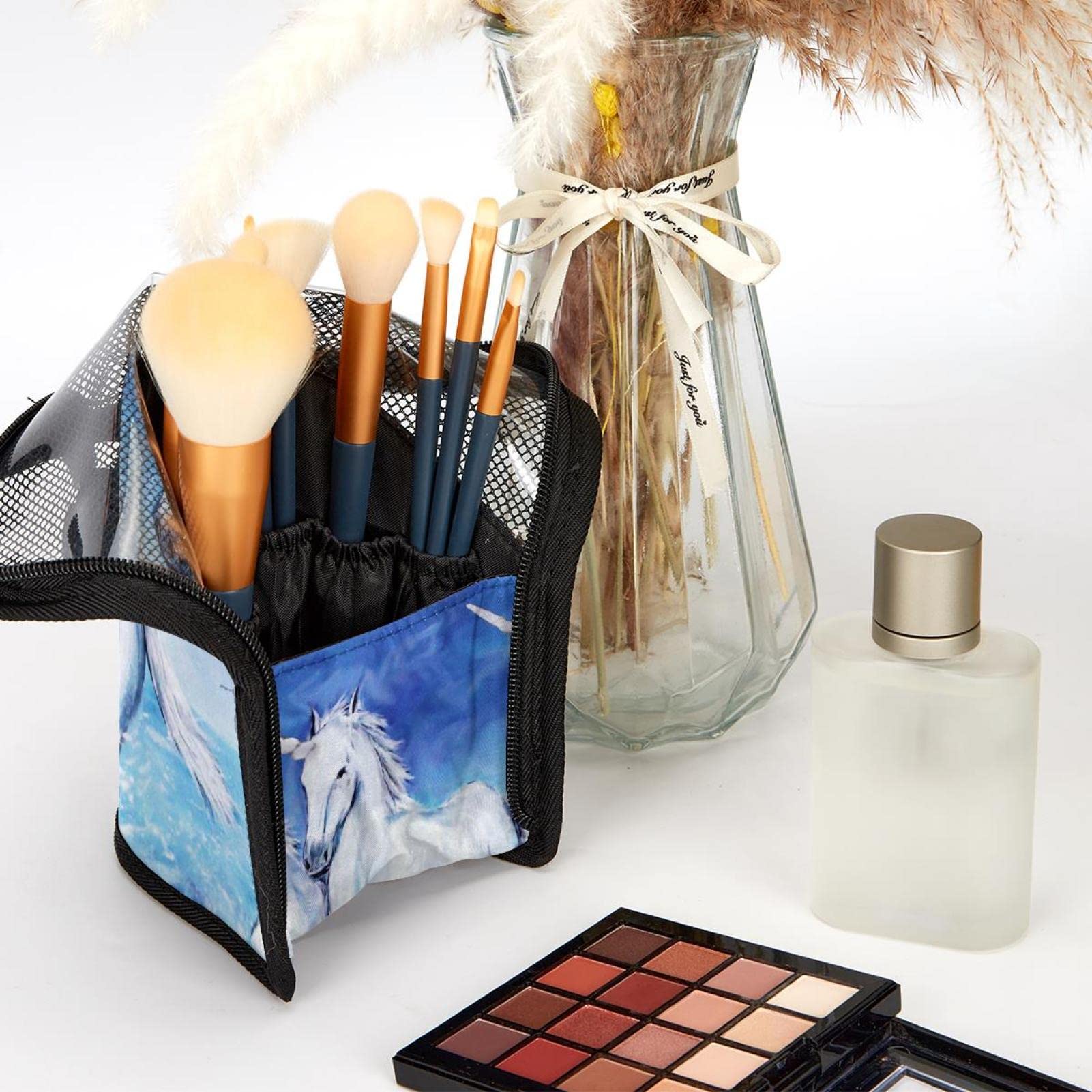 Watercolor Horses Makeup Brush Organizer Bag with 12 Brushes - Portable Travel Makeup Brush Holder Case for Professional & Home Use