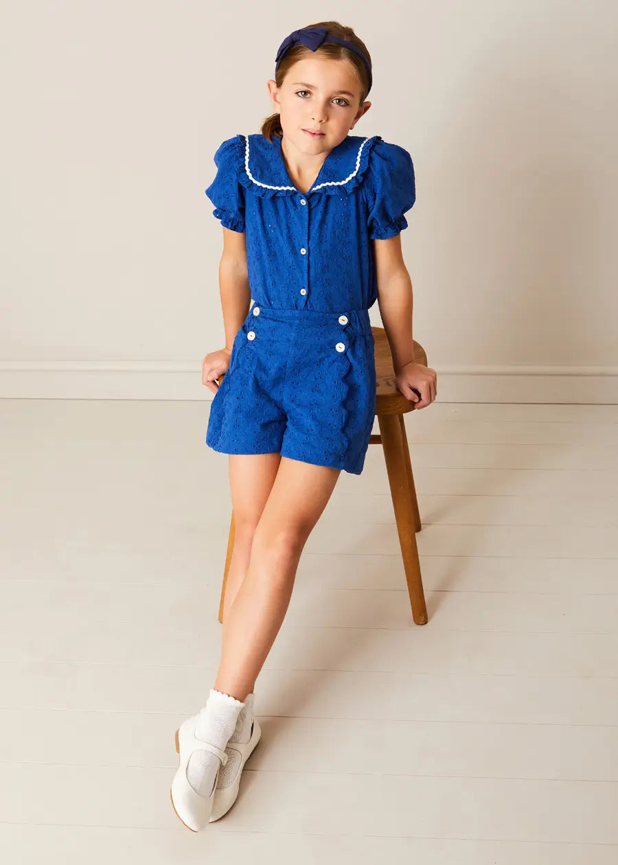 Blue Broderie Anglaise Dress for Girls - Elegant Lace Trim Summer Dress | Perfect for Parties, Weddings & Special Occasions