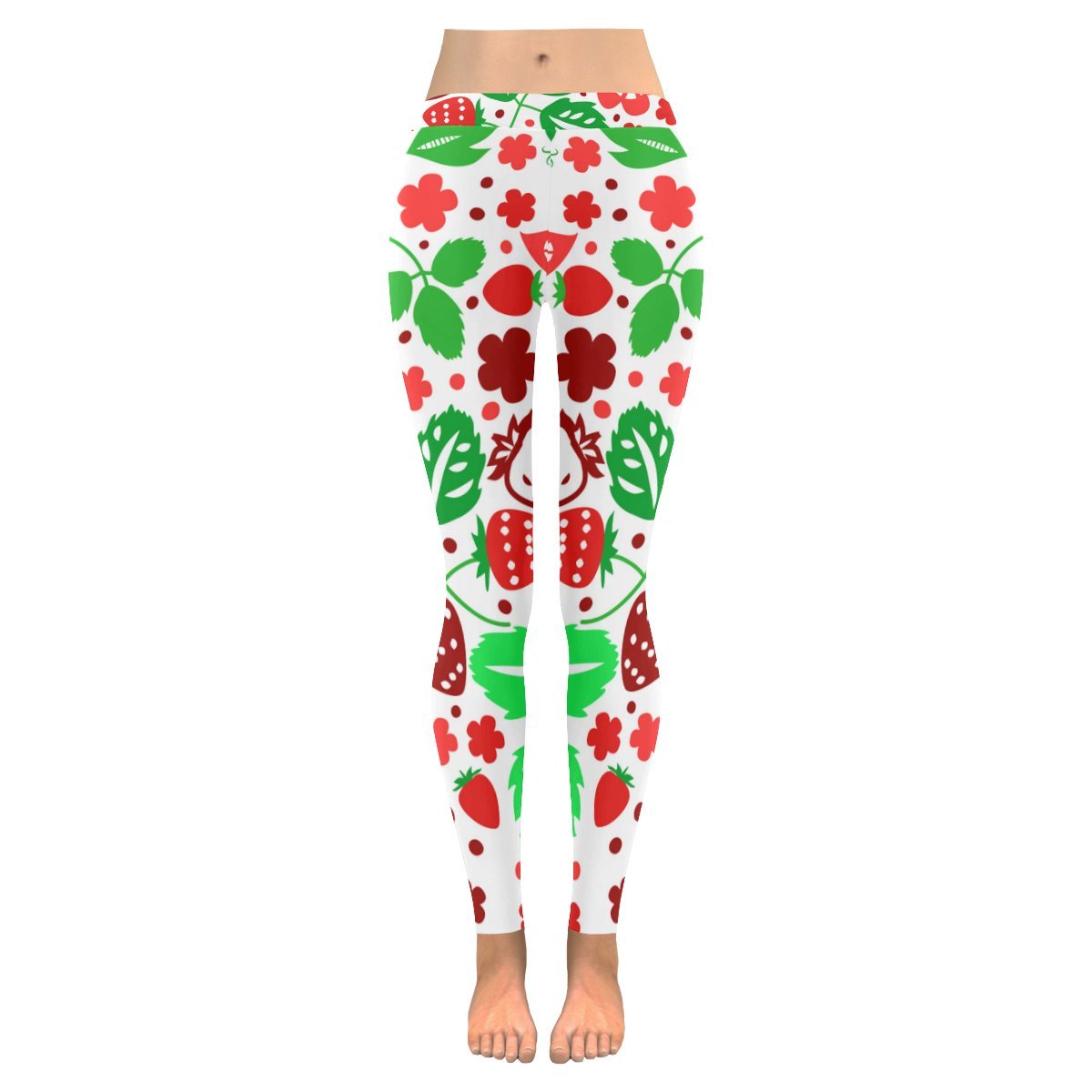 Red and Green Strawberry Print Capri Leggings for Women - Soft Stretchy Workout Yoga Pants, Casual Lounge Wear & Summer Fashion Outfits