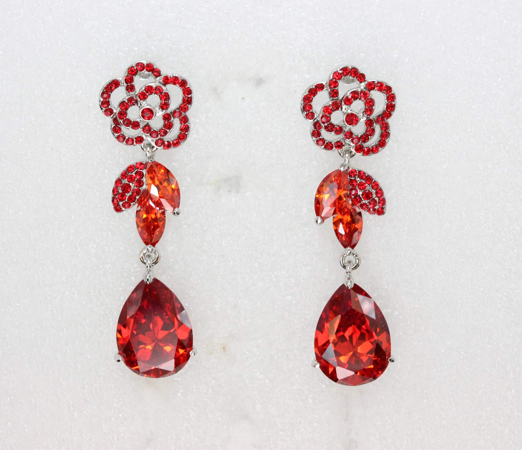 Faship Gorgeous CZ Crystal Dangling Rose Floral Earrings for Women - Elegant Cubic Zirconia Flower Drop Earrings for Party, Wedding & Special Occasions