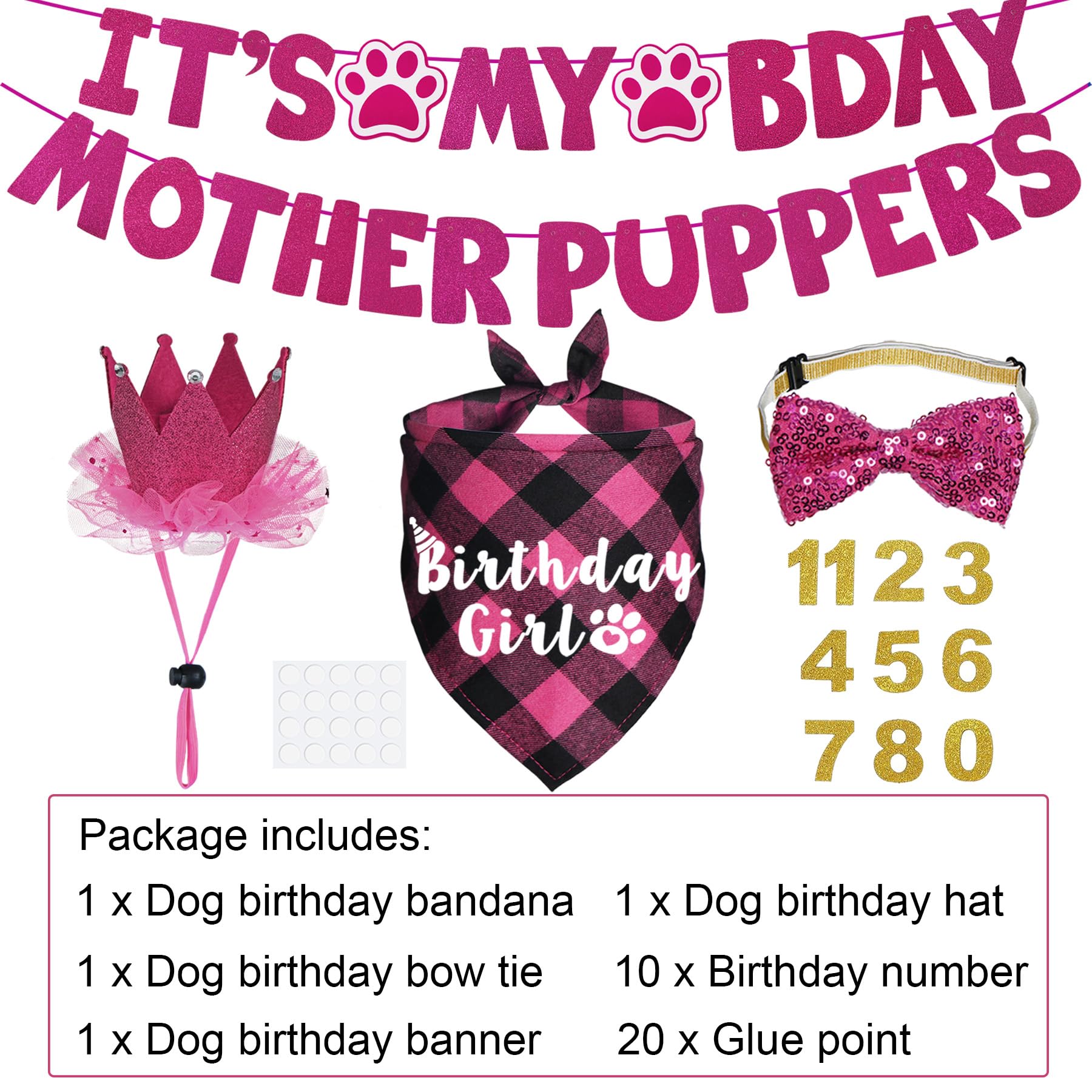 Dog Birthday Party Decorations Set - Adjustable Bandana, Birthday Hat Crown, Bow Tie & Banner for Large & XL Dogs - Pink X-Large Size - Perfect for Puppy Birthday Celebrations & Photo Shoots