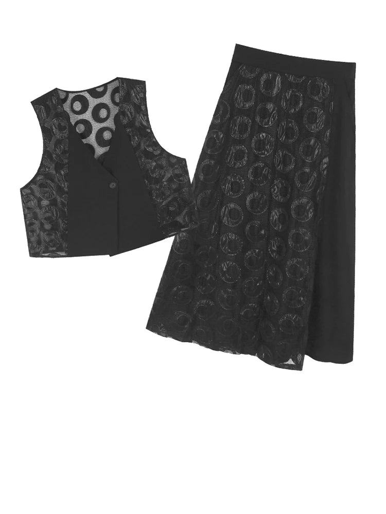 Black Dot Hollow Out Vest & Skirt Two-Piece Set - V Neck Sleeveless Women's Fashion Outfit for Spring/Autumn 2025 | Perfect for Office Wear, Date Nights & Special Occasions