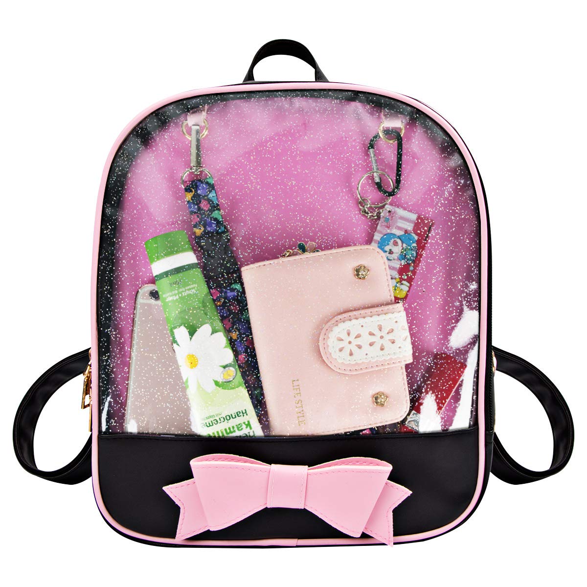 FF1 Candy Leather Bow Backpack - Clear Transparent Beach Bag for Girls, Kawaii Ita Bag for Conventions, School, Travel & Cosplay Accessories Storage