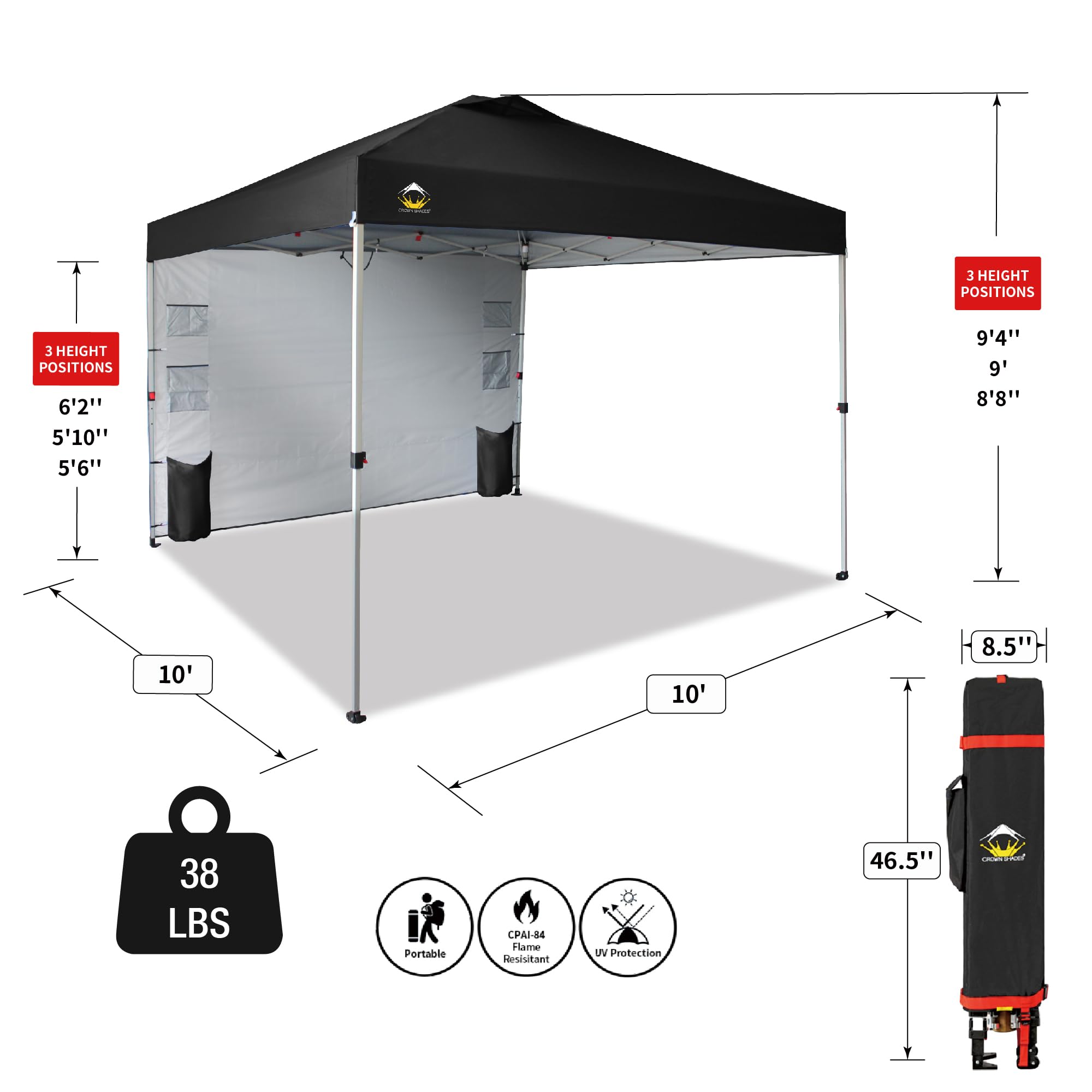 10x10 Pop Up Canopy Tent with Sidewalls & Pockets - Portable Instant Sun Shelter for Outdoor Camping, Beach, Picnics & Backyard Parties - Easy One-Person Setup with Center Lock System - Black CROWN SHADES Canopy
