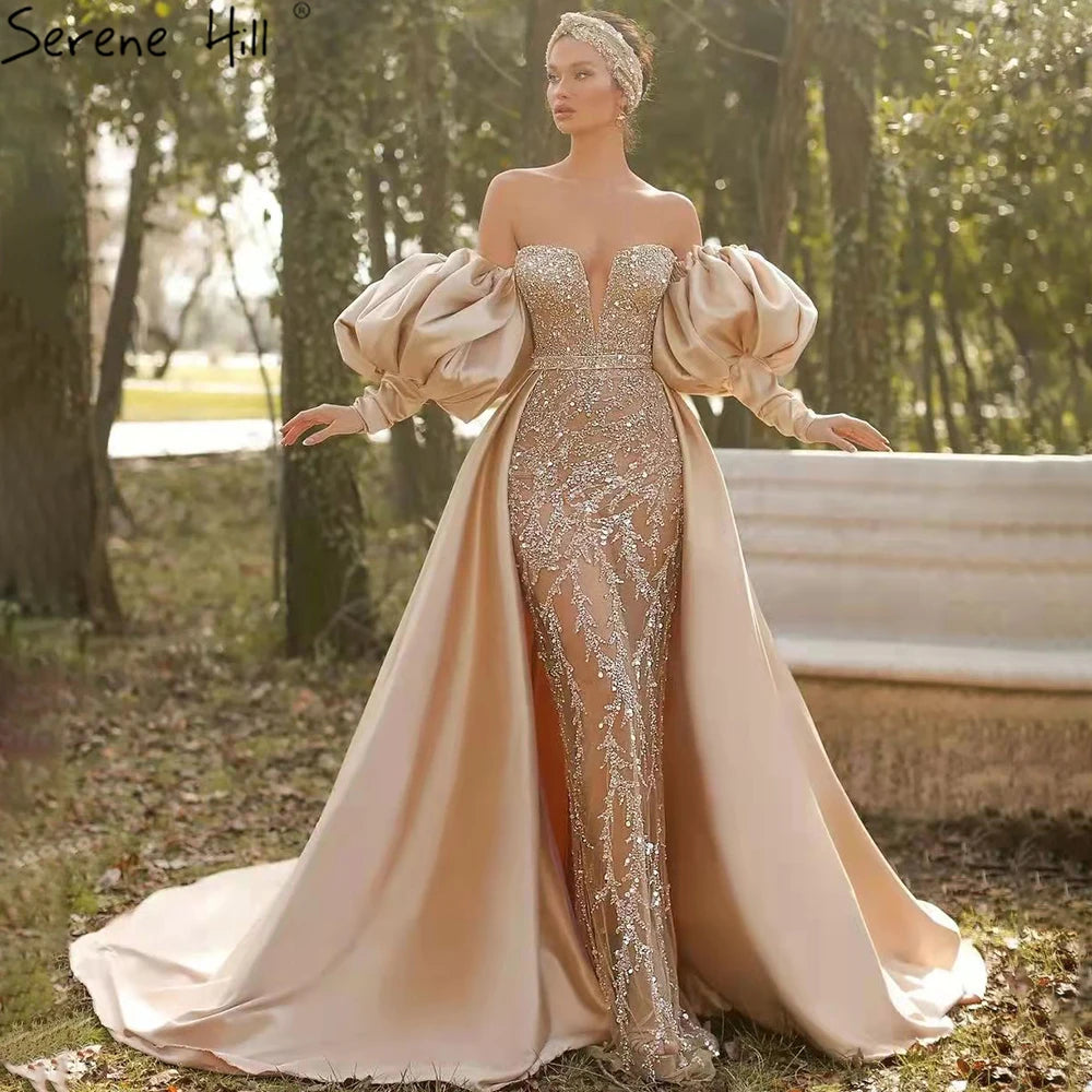 Serene Hill Champagne Luxury Mermaid Evening Dresses for Women - Elegant Long Gowns with Half Purr Sleeves for Prom, Wedding, Gala & Formal Events LA71120