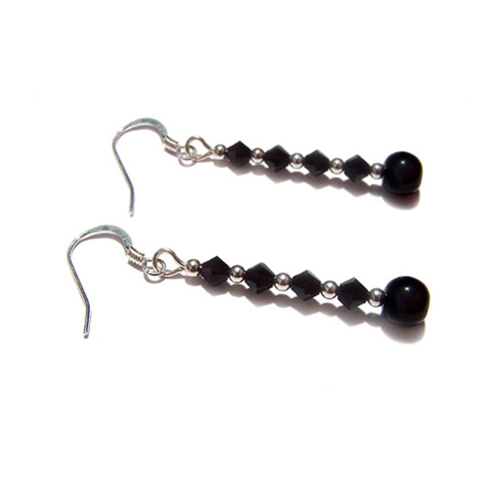 LunarraStar Women's 925 Sterling Silver Black Onyx Drop Earrings with Gemstone & Crystal Beads | Elegant Pierced Jewelry for Parties, Weddings & Special Occasions