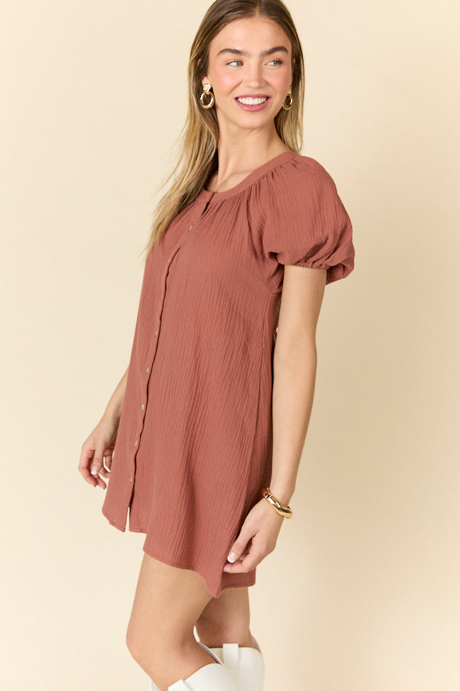 Brown Gauze Short Sleeve Mini Dress - Boho Summer Party Outfit for Women | Beach Wedding, Music Festival & Casual Date Night