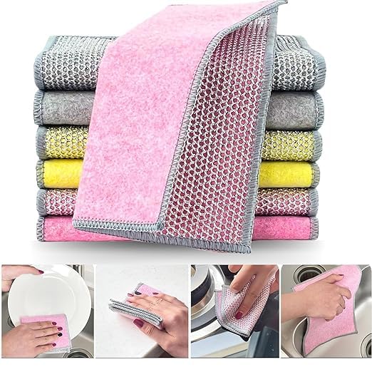 Non-Scratch Dual-Sided Dishwashing Cloths - Reusable Microfiber & Wire Cleaning Rags for Wet/Dry Use | Easy Rinse Kitchen Towels for Pots, Pans, Sinks | Durable Multi-Purpose Cleaning Cloths (6-Pack) - Perfect for Daily Dishwashing, Counter Cleaning & Stainless Steel Care