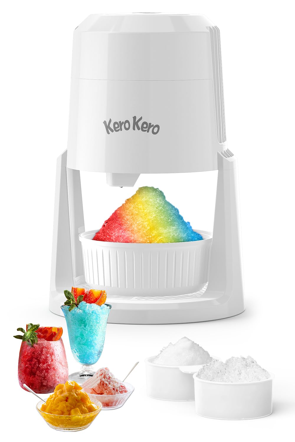 Premium Kero Kero Snow Cone Maker Machine - Electric Shaved Ice Maker with 2 Reusable Ice Molds & Adjustable Blades for Fluffy or Crunchy Texture - Perfect for Snow Cones, Slushies, Margaritas, Cocktails & Party Drinks - Portable & Easy to Use White Ice Shaver for Home, Parties & Outdoor Events